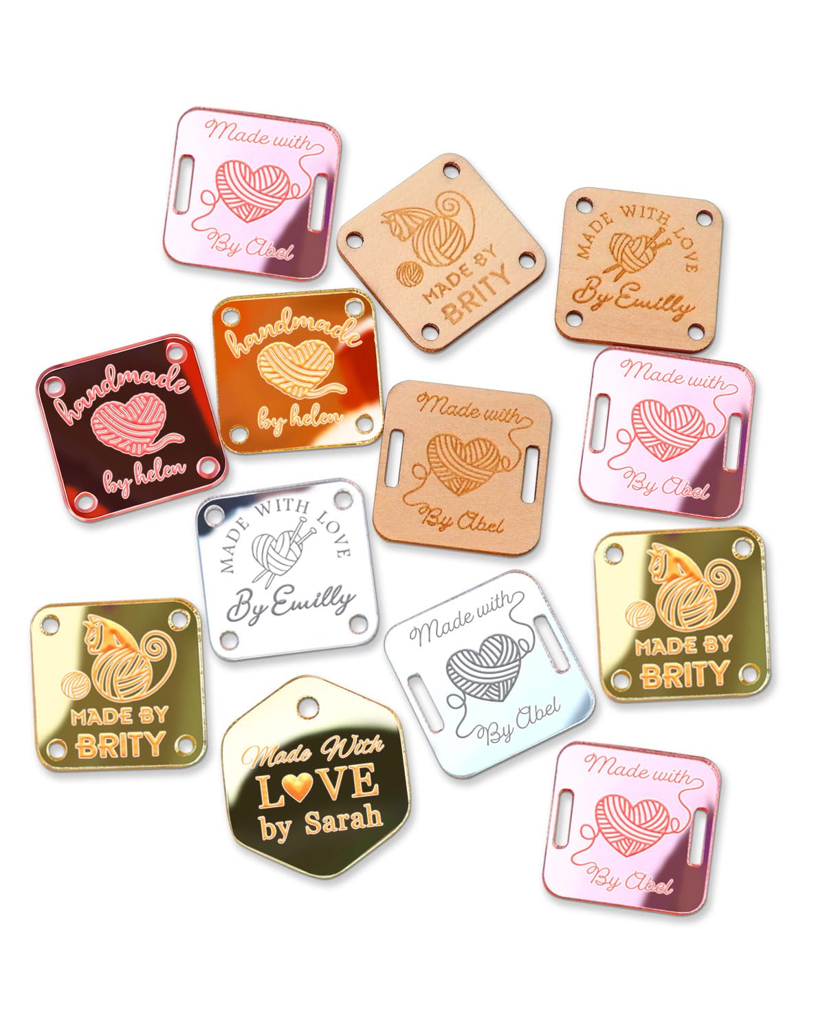 50Pcs Custom Crochet Tags, Personalised Round Button Tags for Crochet Projects, Wooden and Acrylic Knitting Labels for Handmade Items (Square)