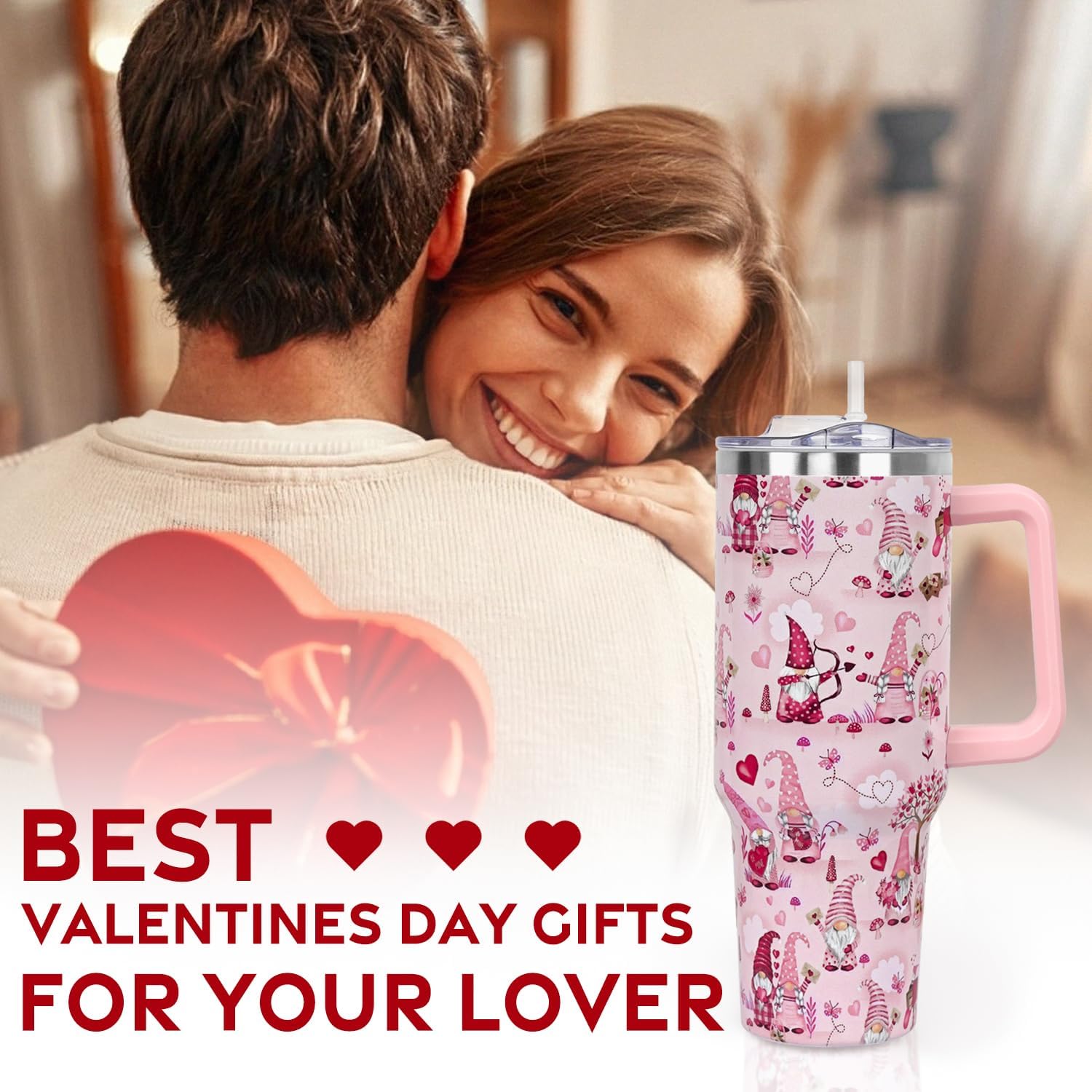 Valentines Gifts 40 oz Tumbler with Handle and Straw Lid,Cute Valentine's Gift for Her Women Girlfriend Wife Pink Gnomes Love Hearts Vacuum Insulated Leak Proof Stainless Steel Coffee Cup Mug