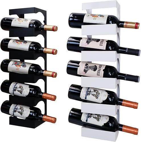 Miniatura 5 de Juego de 2 estantes de vino de pared de granja, estilo moderno de metal que puede contener 10 botellas de vino tinto, una negra y blanca, un estante