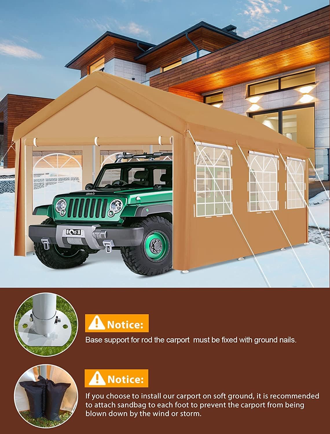 Carport in snowy conditions with ground spike and sandbag warnings