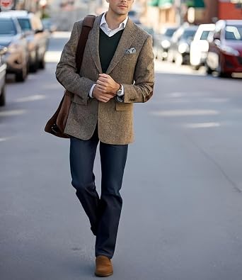 Mens Vintage Tweed Blazer Two Button Wool Blend Sport Coat Men's Suit Jackets with with Elbow Patches Casual Warm Overcoat