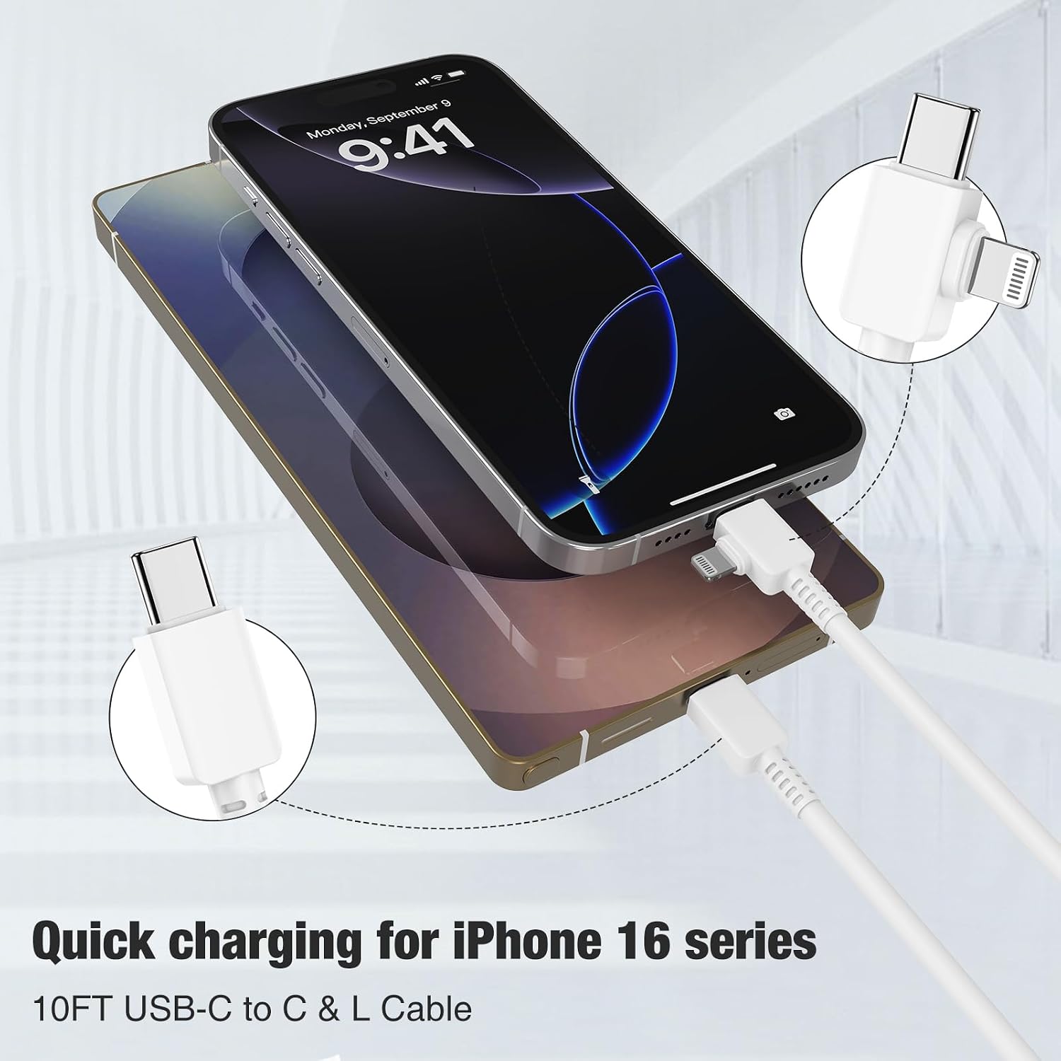 2 in 1 iPhone Fast Charger Cable 10ft, Long Type C to C Charging Cord/USB C to Lightning for Apple iPhone Duo/18 Pro Max/18 Pro/17 Air/16/15 Plus/14 Pro/13/12 Mini/11/XS/XR/X/8/7 Plus/iPad Air/MacBook