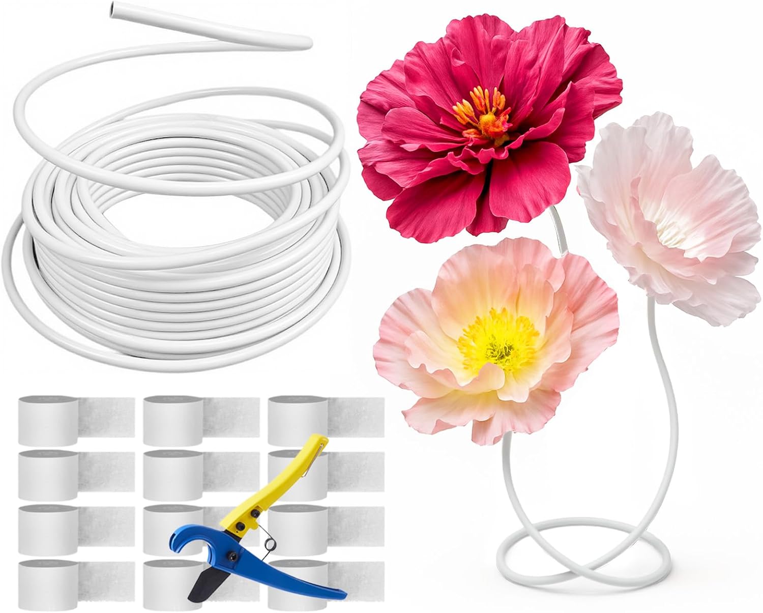 66 ft Flexible Pipe PVC Tubing for Artificial Flowers 16 mm Bendable Pipe Stem for Fake Floral Balloon Arch Wedding Arrangement Prop Decor with Tube Cutter 12 White Crepe Paper (Not Include Flowers)