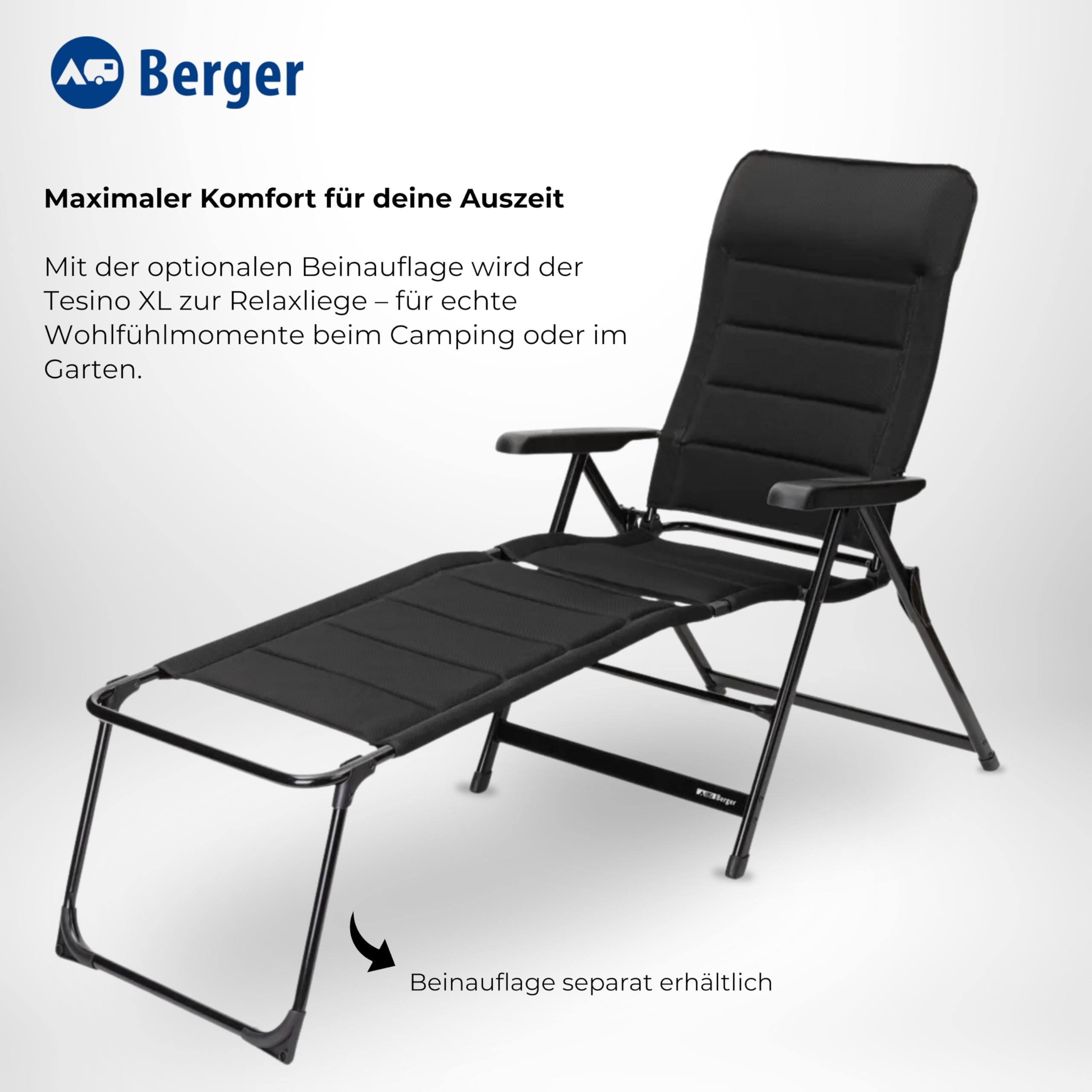 BERGER Tesino XL Campingstuhl klappbar 7-Fach verstellbar gepolstert Faltbarer Outdoor-Stuhl 3D-Mesh bis 200 kg