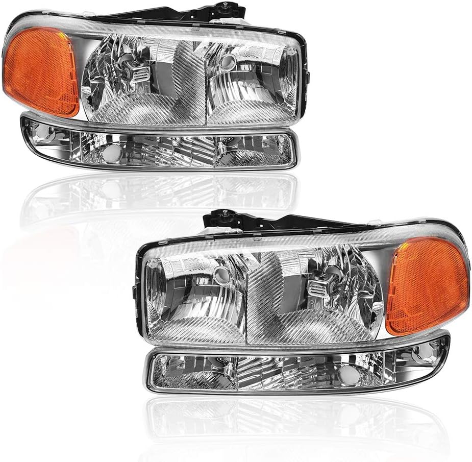 GOHATI Headlight Assembly and Park/Signal Headlamp Replacement For 99-06 GMC Sierra 1500 2500 3500/2000-2006 GMC Yukon with Chromed Housing Amber Reflector Clear Lens GGMSR99-A4
