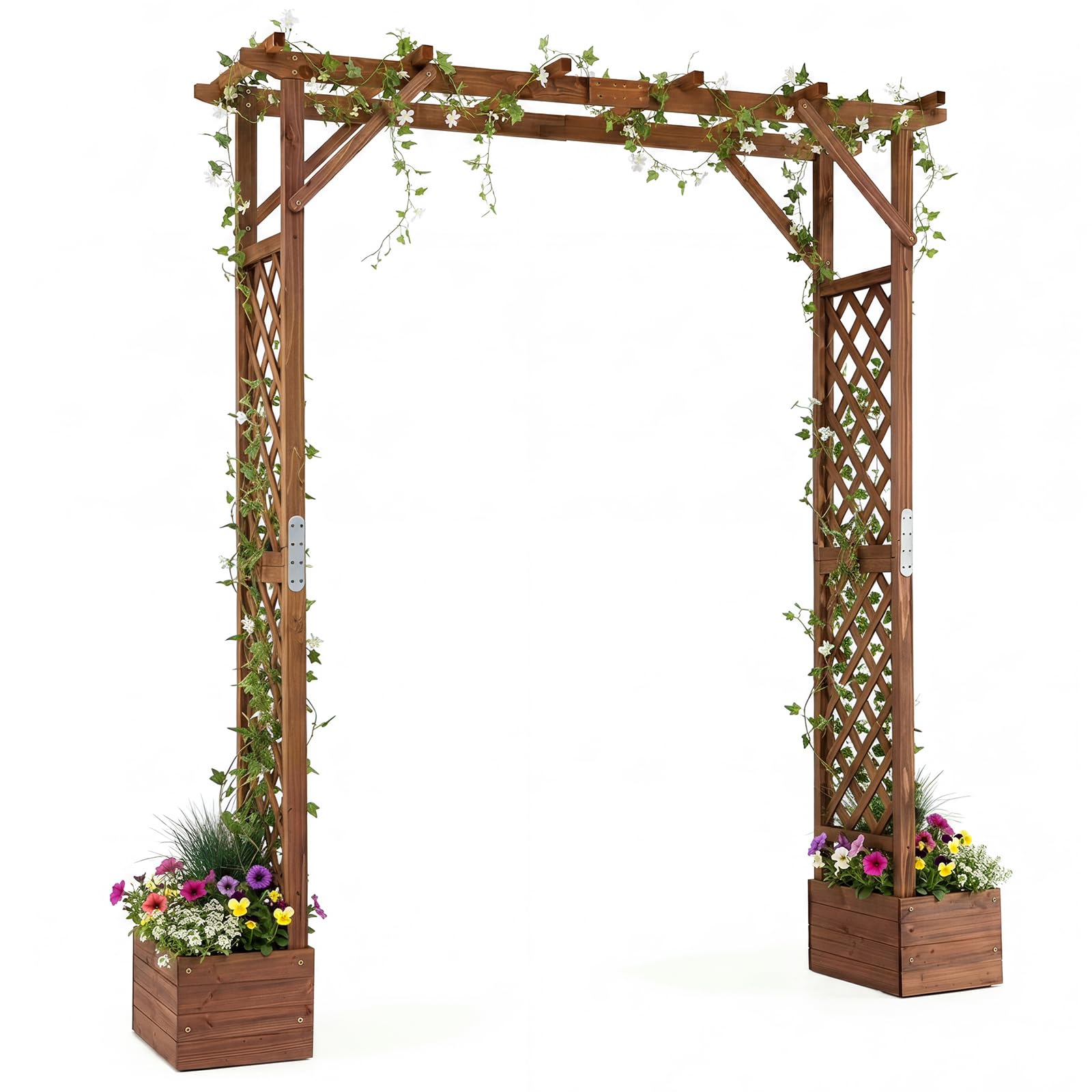 COSTWAY Arche de Jardin en Bois de Sapin, avec 2 Bacs à Fleurs | Pergola Extérieur Toit Suspensions, Treillis Latéral pour Plantes Grimpantes, Décoration Entrée Patio, 208 x 55 x 220 cm