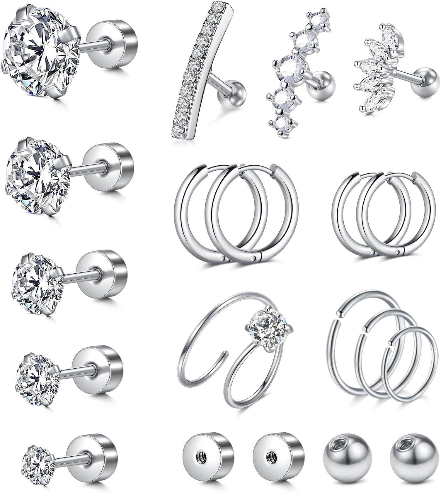 MODRSA 20g 16g Cartilage Earrings for Women Silver Gold Helix Piercing Jewelry Surgical Steel Hypoallergenic Flat Back Earrings Cartilage Hoop for Women Forward Helix Earring Tragus Jewelry Screw Back