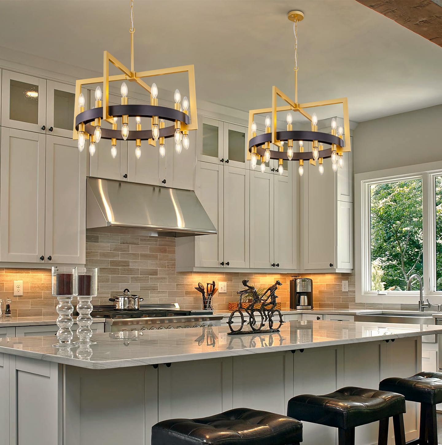 Wellmet Modern Black Brass Pendant Light, 24-Light Drum-Square Chandelier, Brass Gold Industrial Chandelier, for Living Room, Bedroom, Dining Room, Kitchen, Hallway, Entry, 28''W