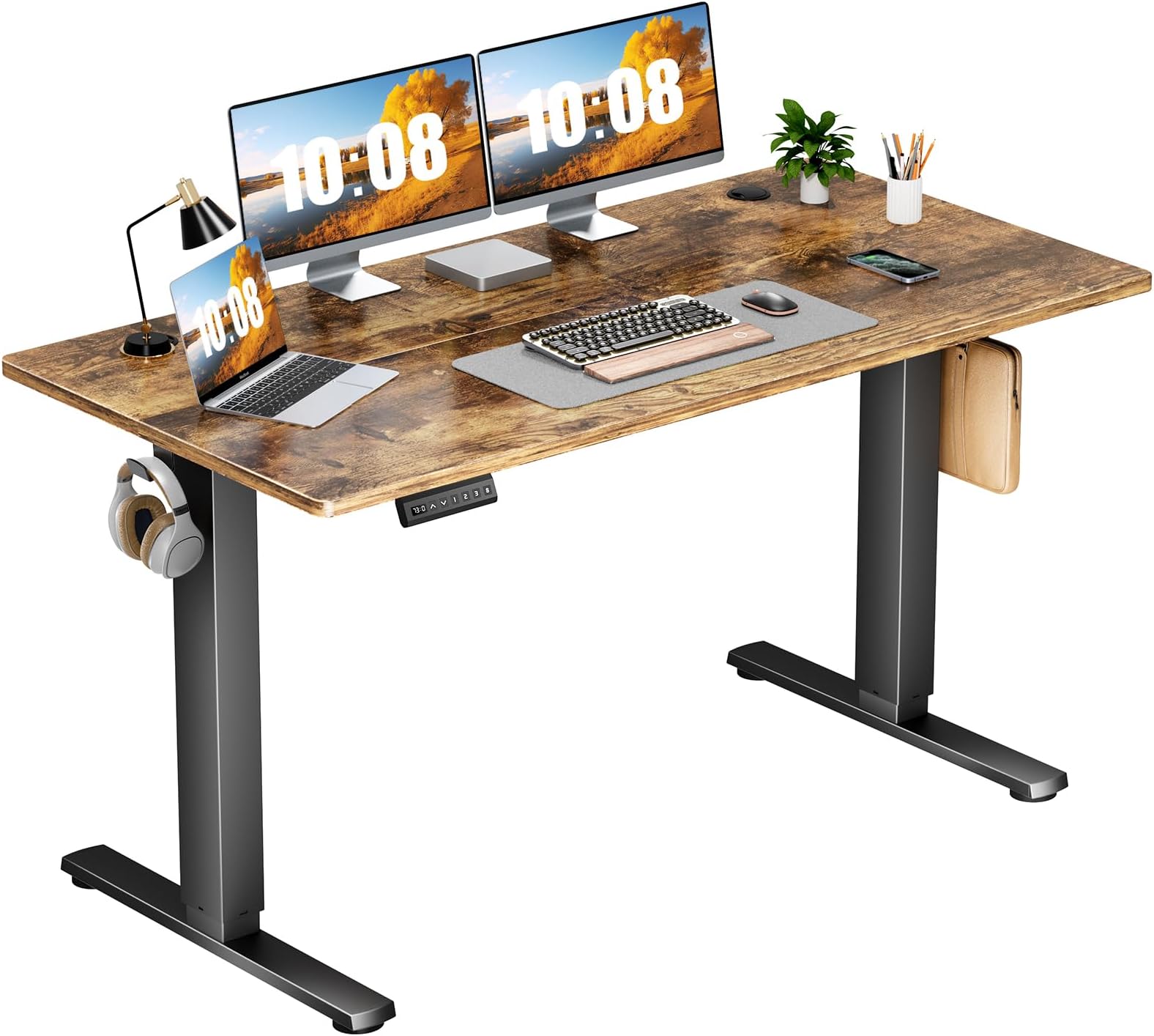 Sweetcrispy Electric Standing Desk Adjustable Height, 55x24 Inch Sit Stand Up Home Office Desks Computer Workstation PC Work Table with 3 Memory Preset Splice Wood Board Metal Frame, Rustic
