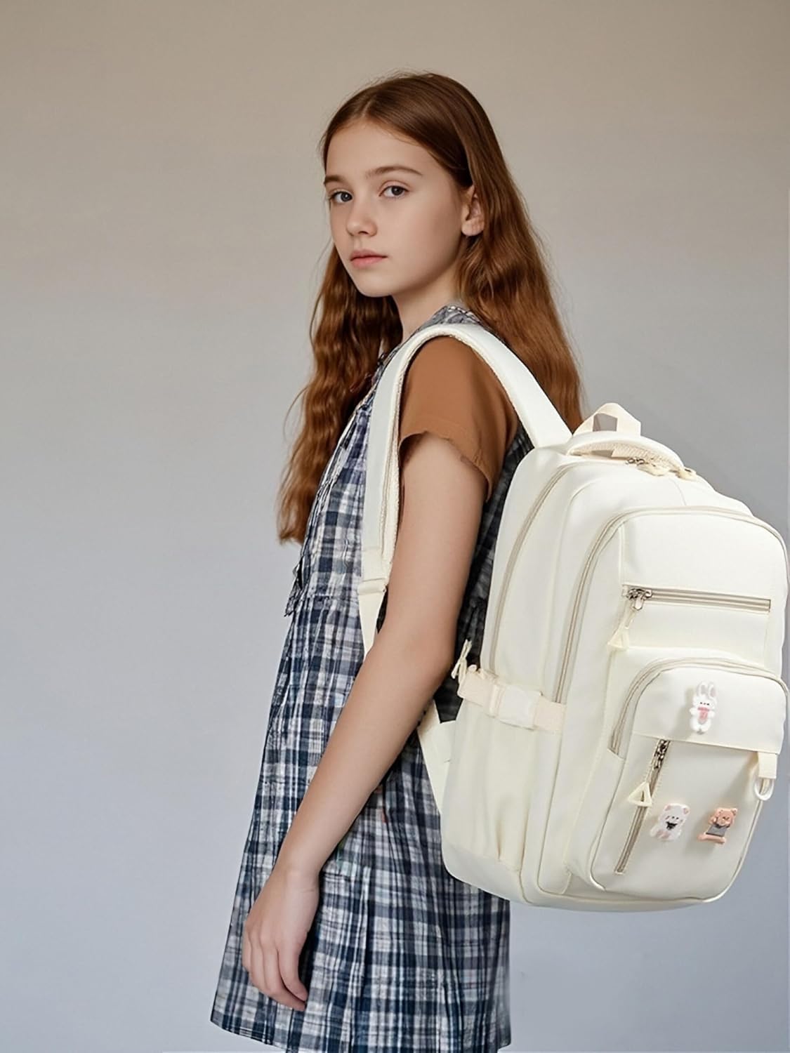 Kawaii Girls Backpack with Lunch Box Set, Cute Aesthetic Backpack Teens Bookbag for Middle High School (Beige)