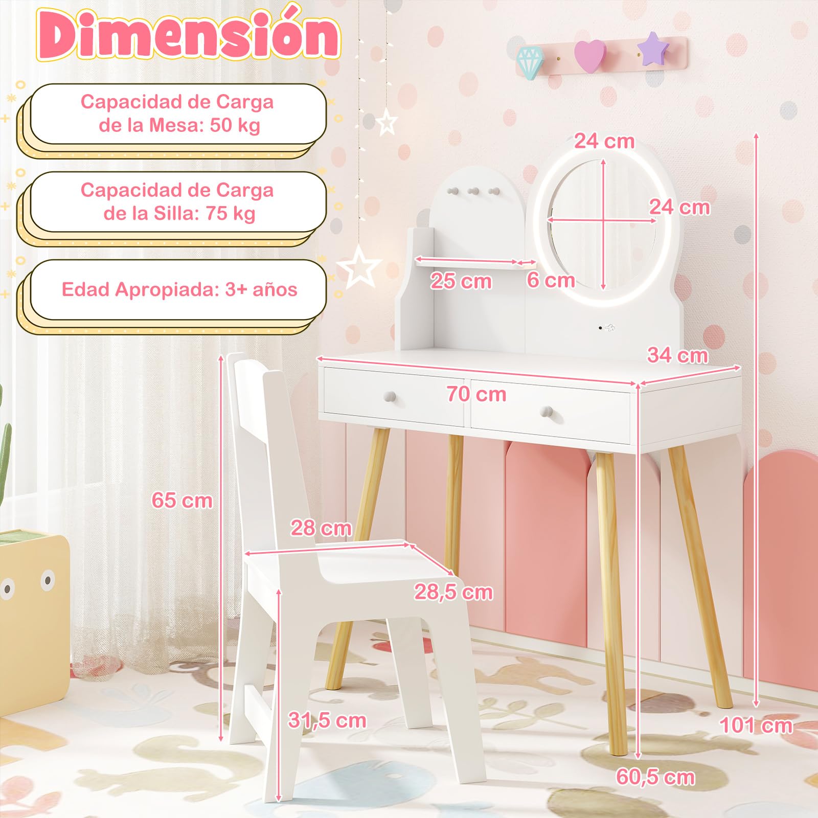 COSTWAY Tocador Niña, Tocador de Maquillaje Niña con Espejo Iluminado, Juego de Mesa y Silla de Princesa con Espejo y Luces, Estante Abierto, Ganchos y Cajones (Blanco)