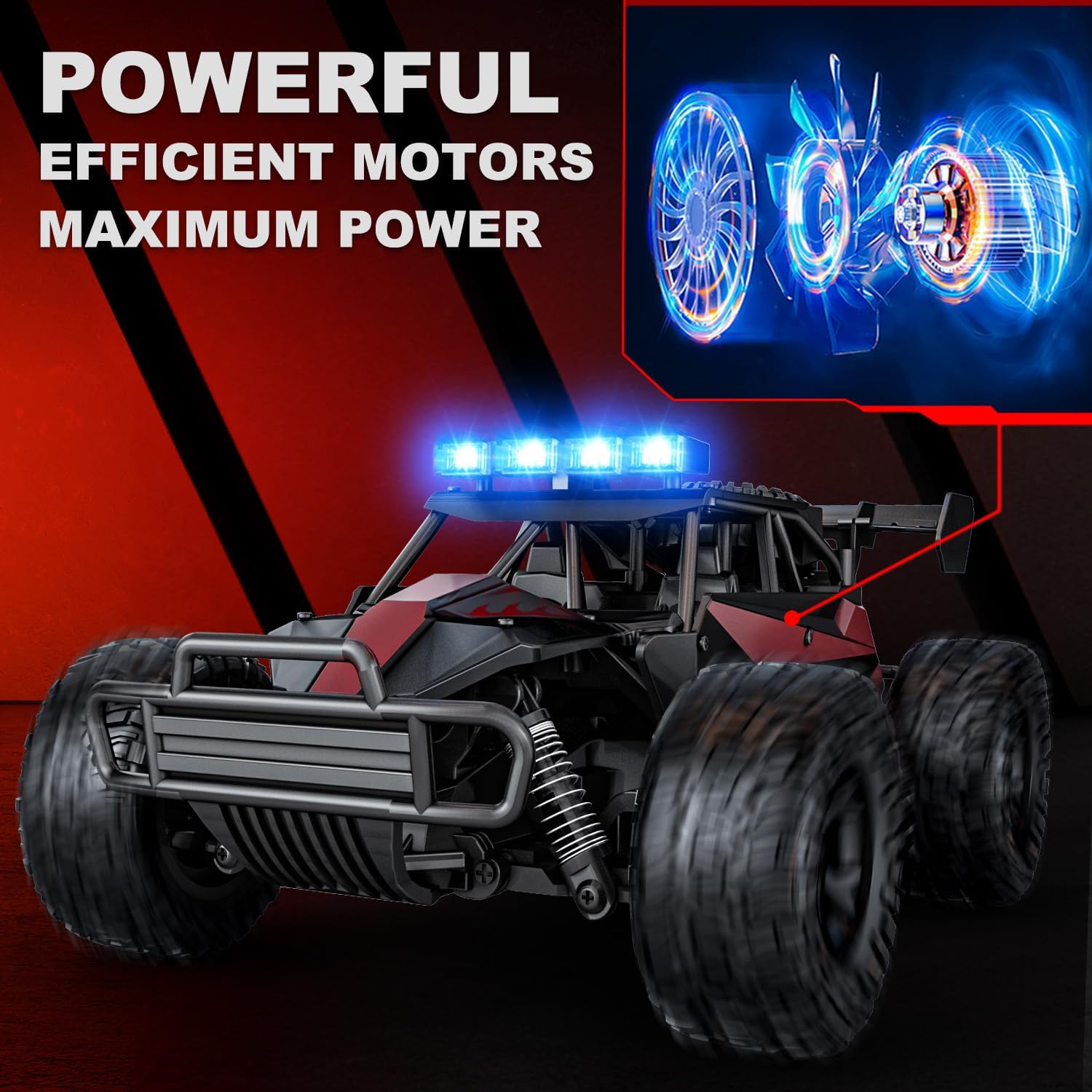 Remote Control Car, 33KM/H High Speed 1:12 Scale Off-Road RC Monster Truck with LED Lights, 2.4GHz RC Cars Toys with Rechargeable Battery, Ideal Gift for Adults, Boys & Kids 8-12 Years Old