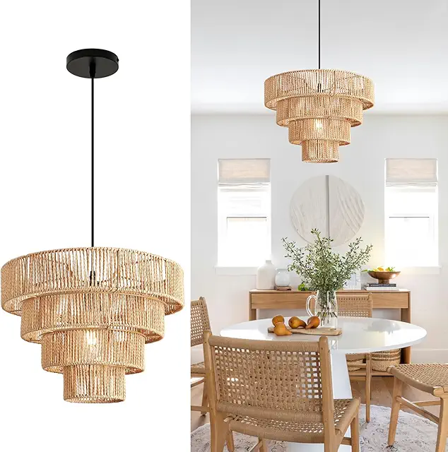 FORCOSO Rattan Pendelleuchte - Vintage Hängelampe E27 Ø40cm für Wohnzimmer, Küche