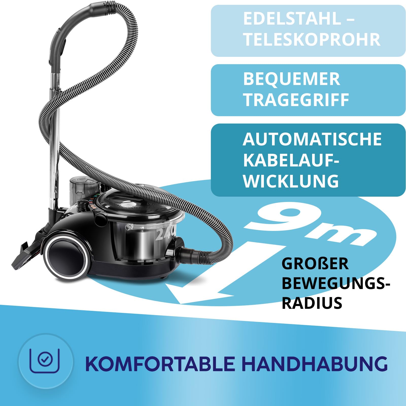 MPM - MOD-47 - Staubsauger mit Bora-Wasserfilter und Luftreiniger - für Allergiker - gegen Milben, Tierhaare - Nass- und Trockensauger, Bodenreiniger - Beutellos - 2400 W - Schwarz
