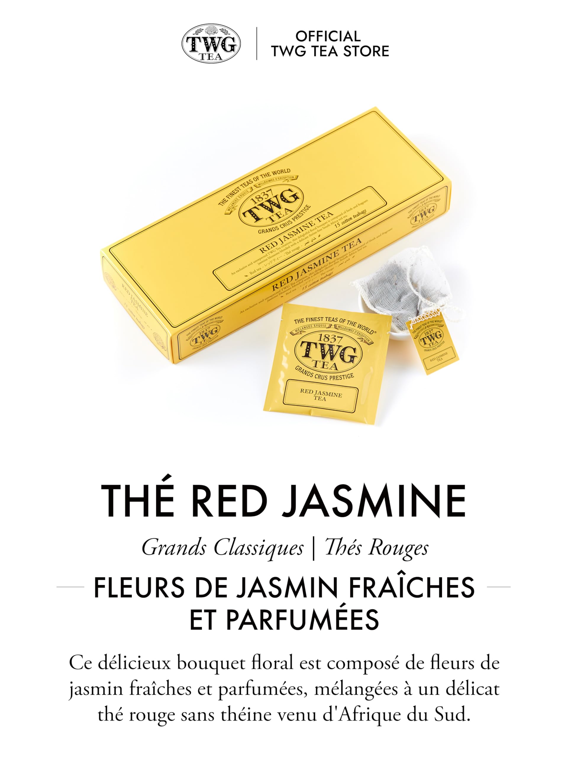TWG Tea | Red Jasmine Tea | Thé Rooibos | Fleur de Jasmin | 15 Sachets de Thé en Coton Cousus à la Main | Coffret Cadeau