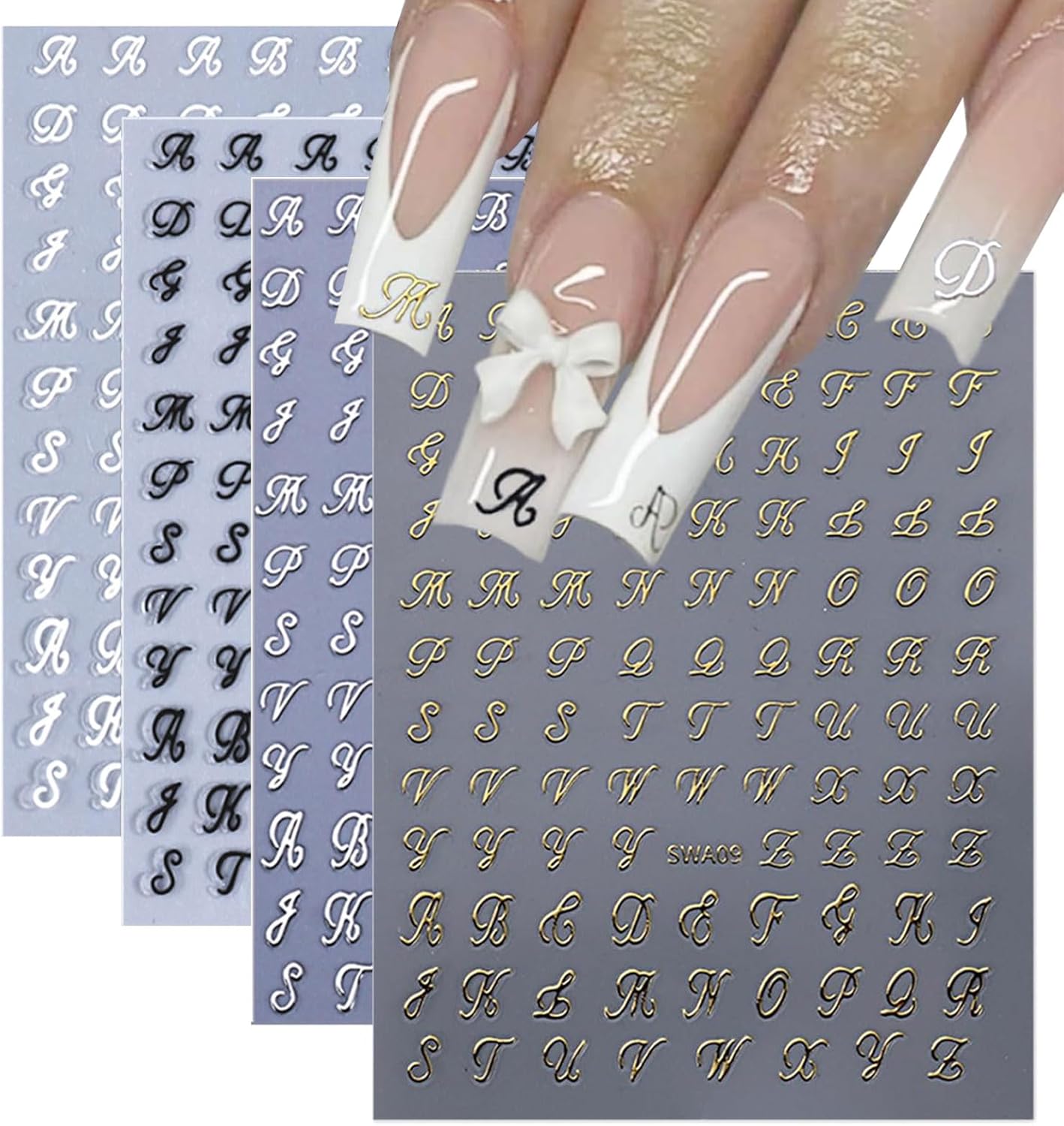 4 vellen nagel stickers met Engels retro letters voor nail art, 3D, zelfklevend, design, nagel stickers, Pegatinas Uñas, letter nail art stickers voor vrouwen