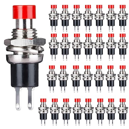 Clyxgs Interruptor de botón momentáneo, SPST normal abierto sin interruptor de 2 pines mini micro 1A 250V AC tapa roja 30 PCS
