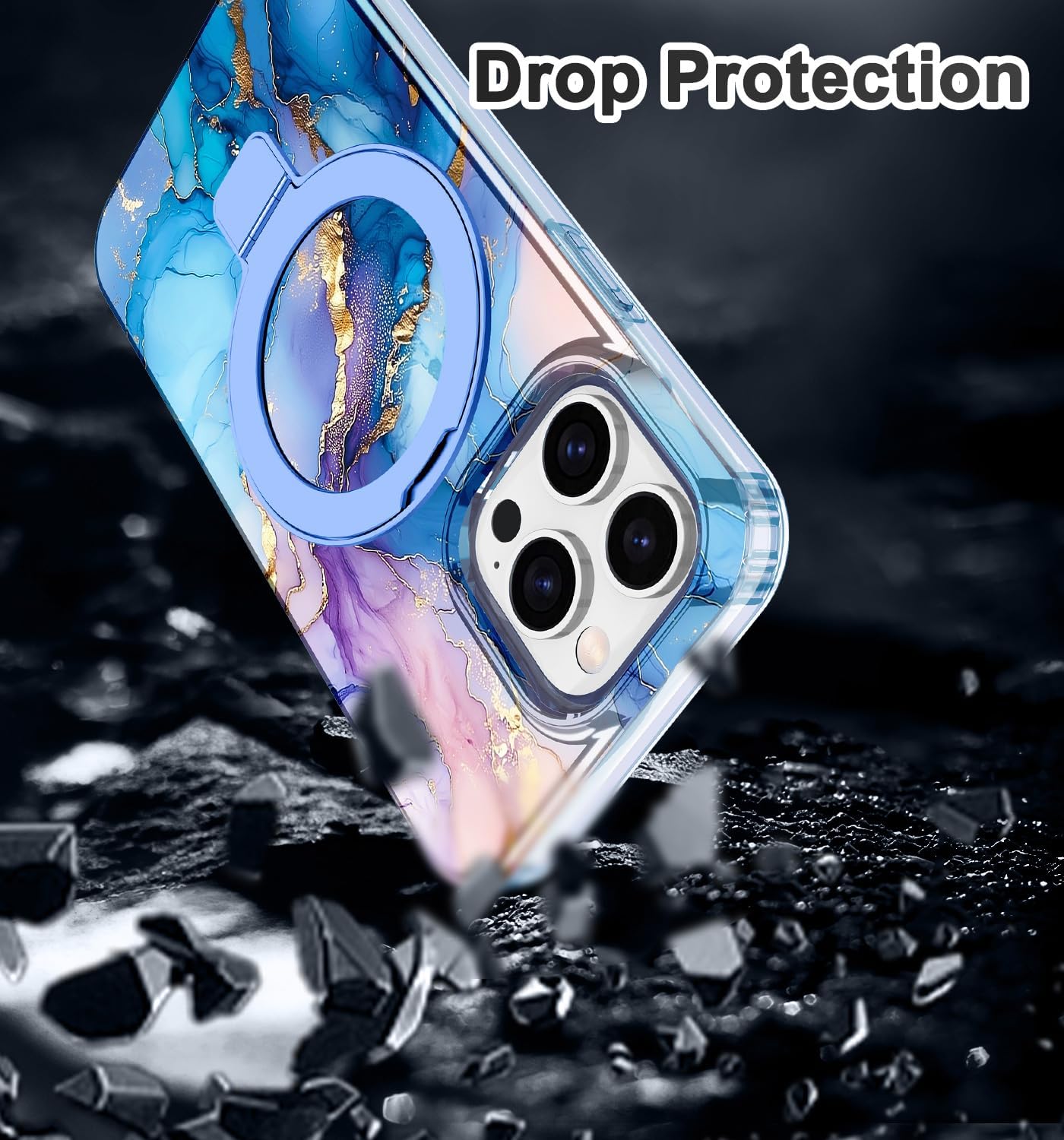 Lamcase for iPhone 14 Pro Max Case with Magnetic Invisible Ring Stand [Compatible with MagSafe], Full Body Rugged Slim Women Men Girl Shockproof Marble Pattern Design Case, Blue Gold