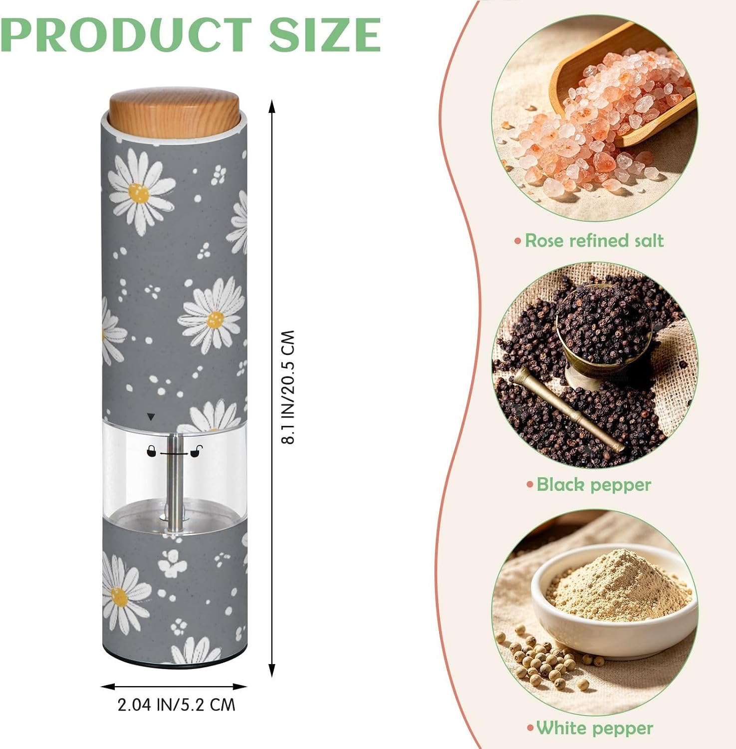 ALAZA Electric Pepper Grinder with Adjustable Coarseness, White Daisy Dots Grey Pattern Battery Automatic Salt and Pepper Mill with Led, One-Handed Operation Spice Grinder for Kitchen, Camping & BBQ