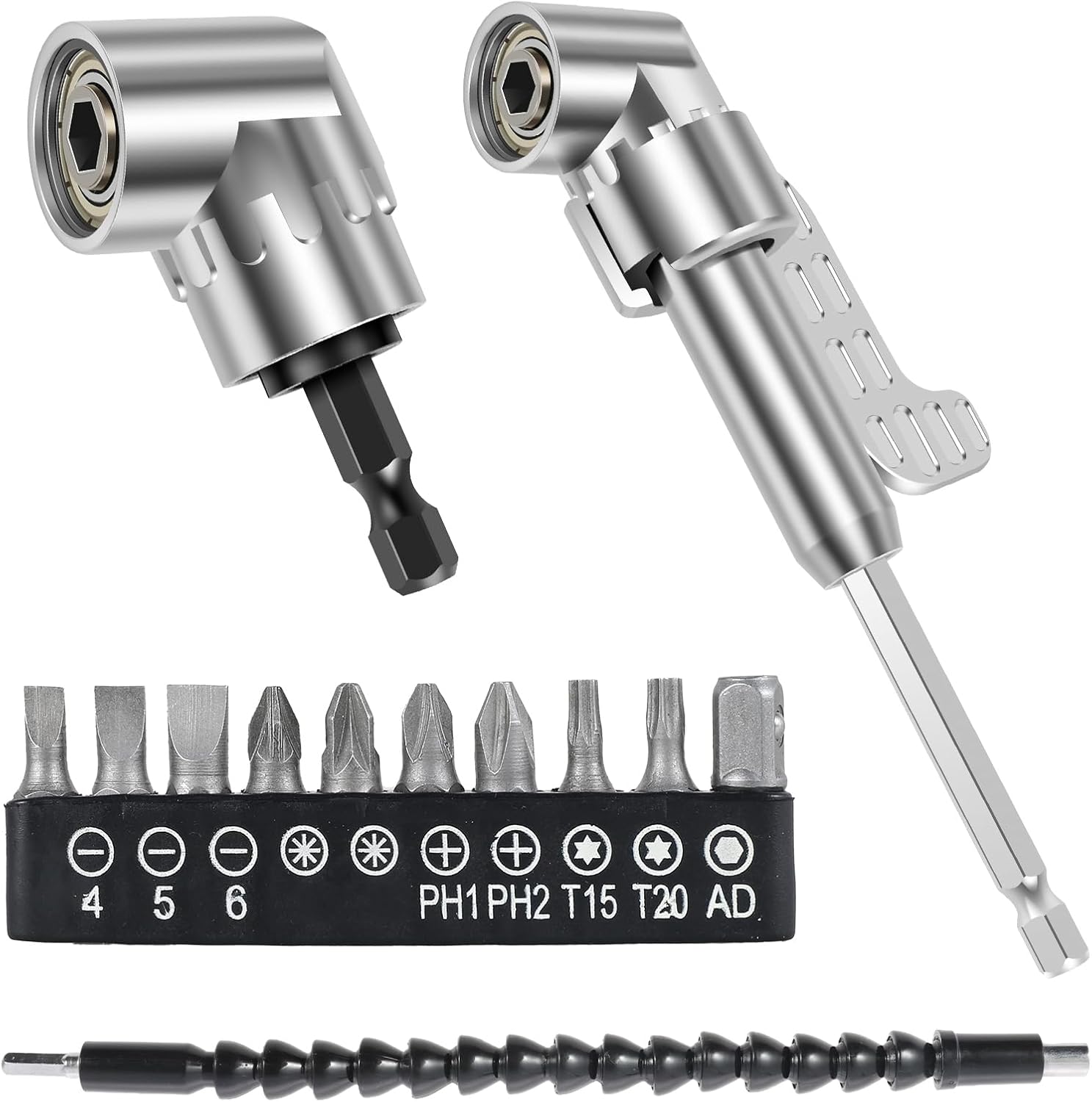 4 Pack 105 Degree Right Angle Drill Adapter Set, Impact Drive and Magnetic Screwdriver Socket Drill Bit Corner Tool Screw Hub (Short+ Long) and Flexible Angle Extension Bit for Narrow Spaces