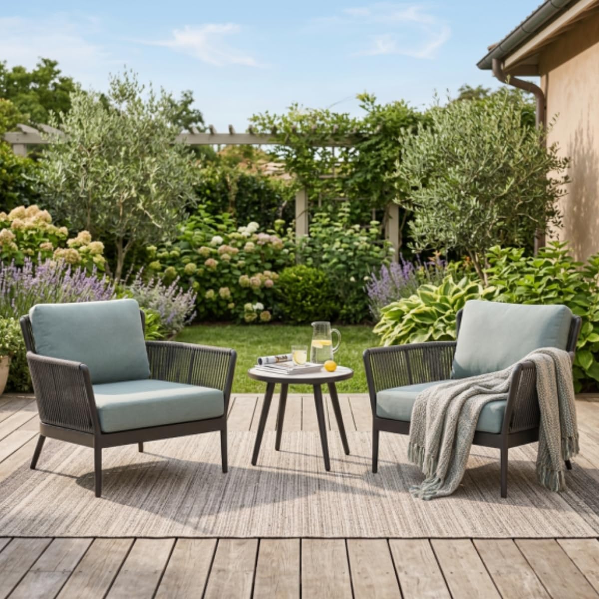 Outdoor 3-Piece Rope Weave Lounge Chair Set with Side Table, Mint Blue Cushions, Patio Seating-image-25