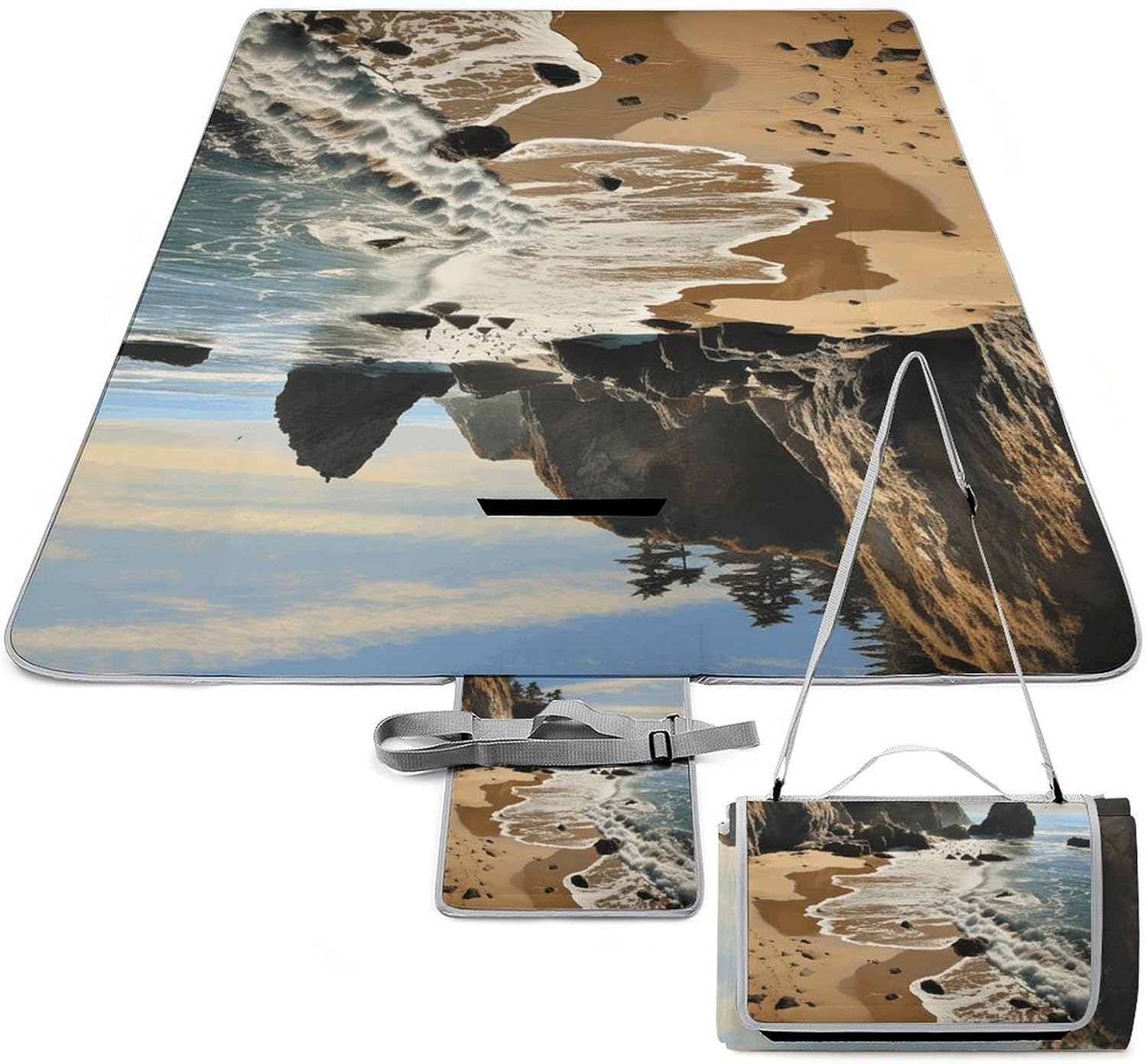 Beach on The Pacific Coast Waterproof Picnic Blanket 58.3''x58.3'',Portable and Foldable Picnic Mat with Handle,Outdoor Blankets for Lawn Park Beach Travel