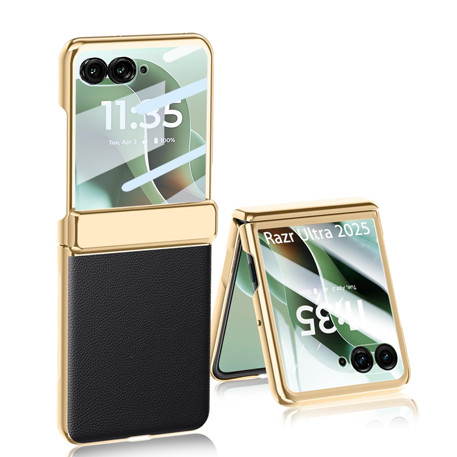 YuetWay for Motorola Razr Ultra 2025 Case with Hinges Protection & PU Leather Back Cover & Plated Frame & Built-in Front Screen Protector (Black, Razr