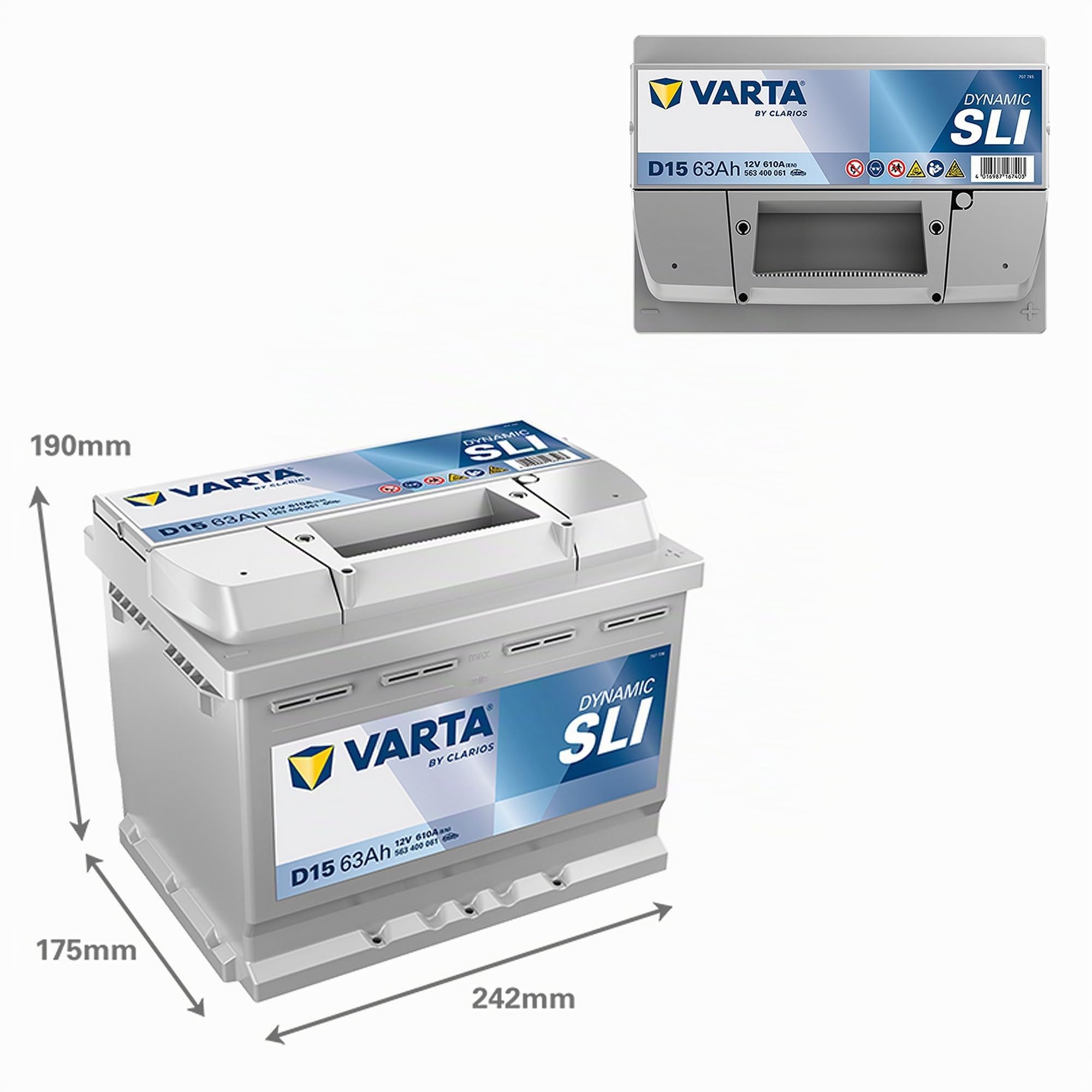 VARTA Batterie 63, Ah 610, A/EN 563400061K262 L 242mm B 175mm H 190mm
