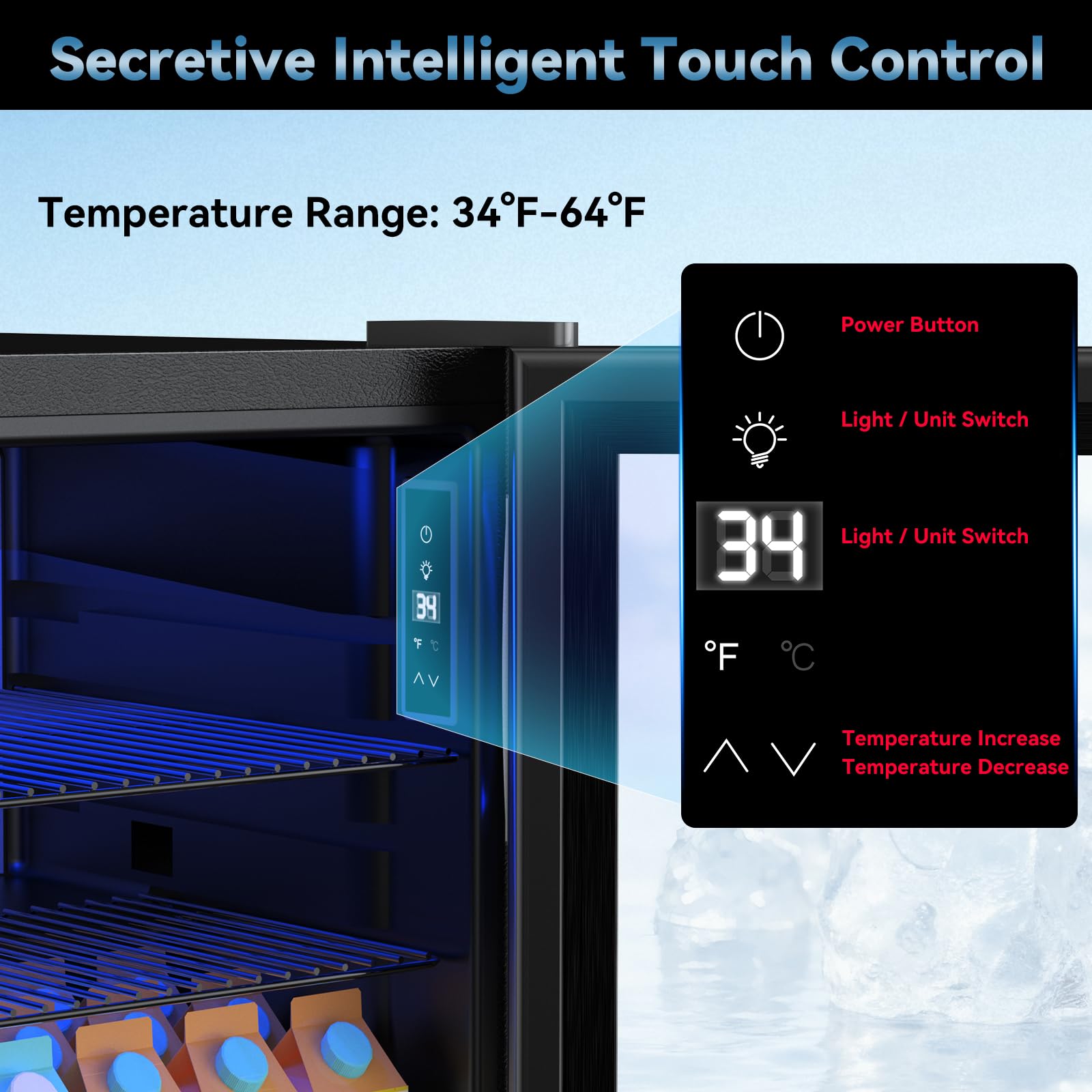 Velivi Mini Fridge With Glass Door-Small Fridge Desk Beverage Cooler With Lock For Beer Drinks 1.4 Cu.Ft Countertop Beverage Fridge With Adjustable Shelves, LED Light For Bedroom/Office/Dorm (Black) on Fridge.com - View 3