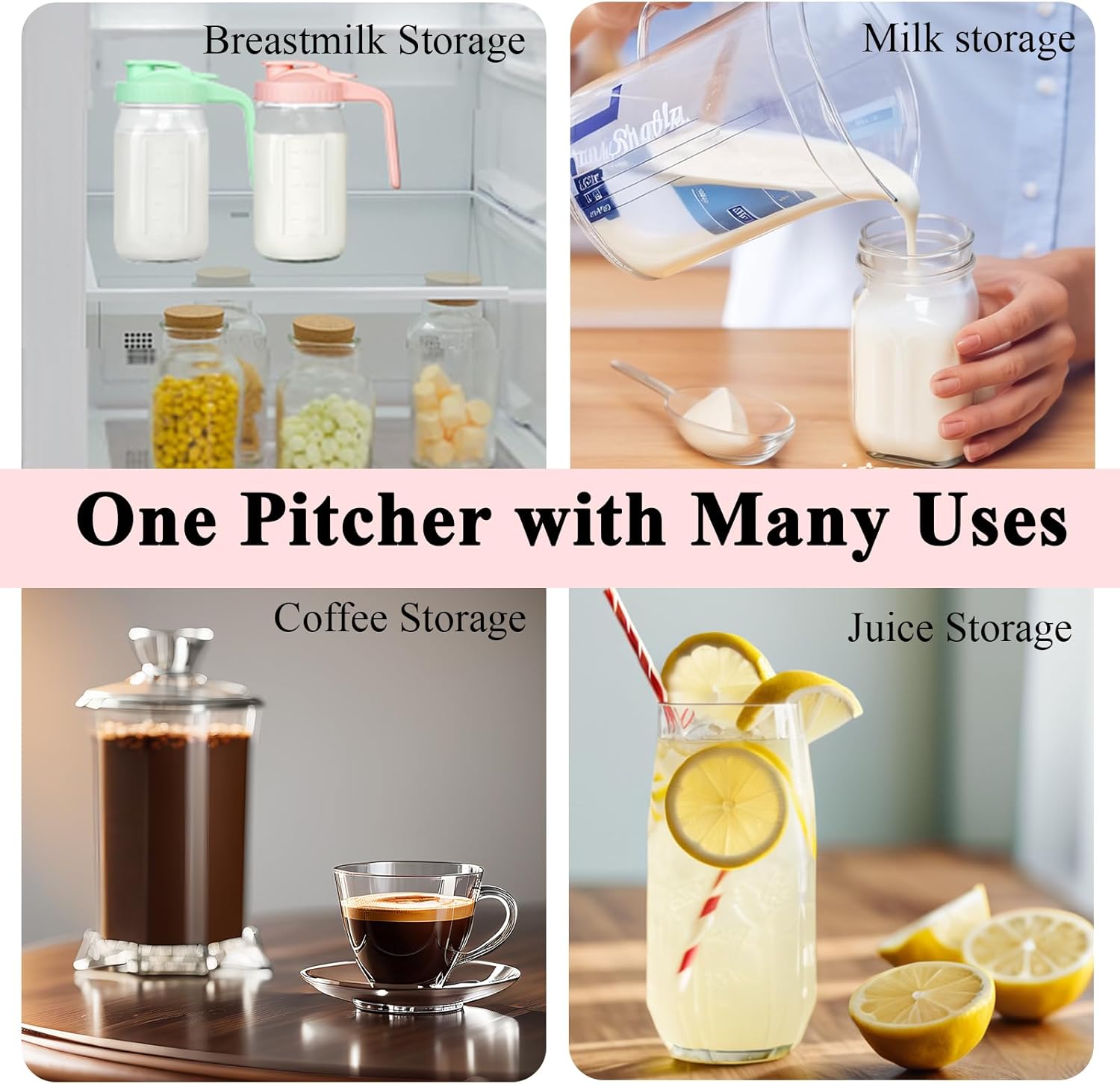 Mason Jar Pitcher, 32 oz Glass Milk Pitcher, Wide Mouth & Leakproof Glass Pitcher with Lid for milk, Sun Tea, Juice, Cold Brew Coffee and Drinks - Image 2