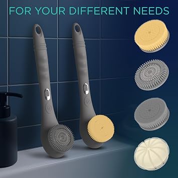 VOYOR Electric Body Brush Back Scrubber Silicone Body Scrubber Two-Way Rotating Brush Head for Deep Cleaning, Exfoliation, 4 Attachments Long Handle IPX6 Rechargeable Shower Brush BC300 (Grey)