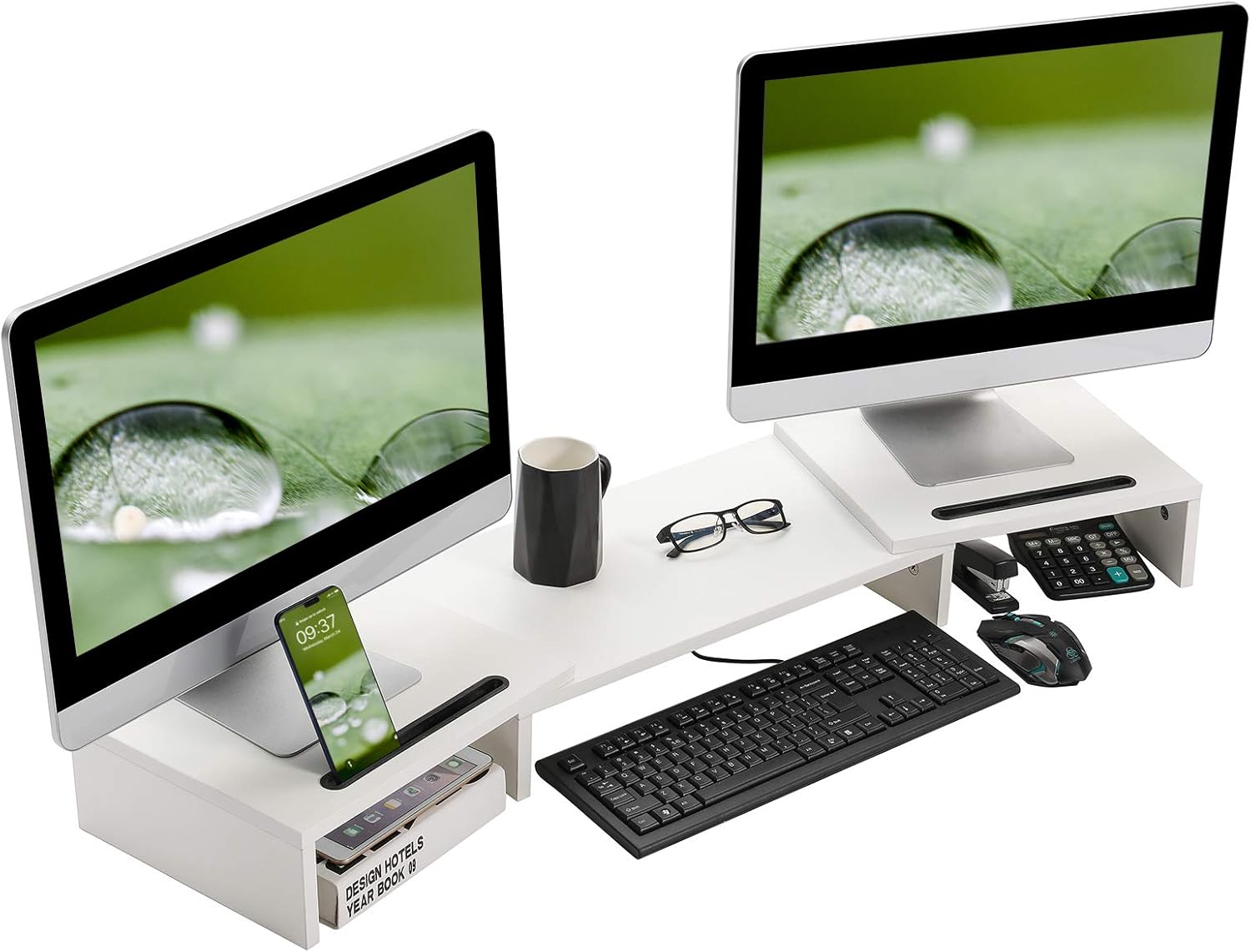 SUPERJARE Lengthened Dual Monitor Stand Riser, Adjustable Screen Stand, Desktop