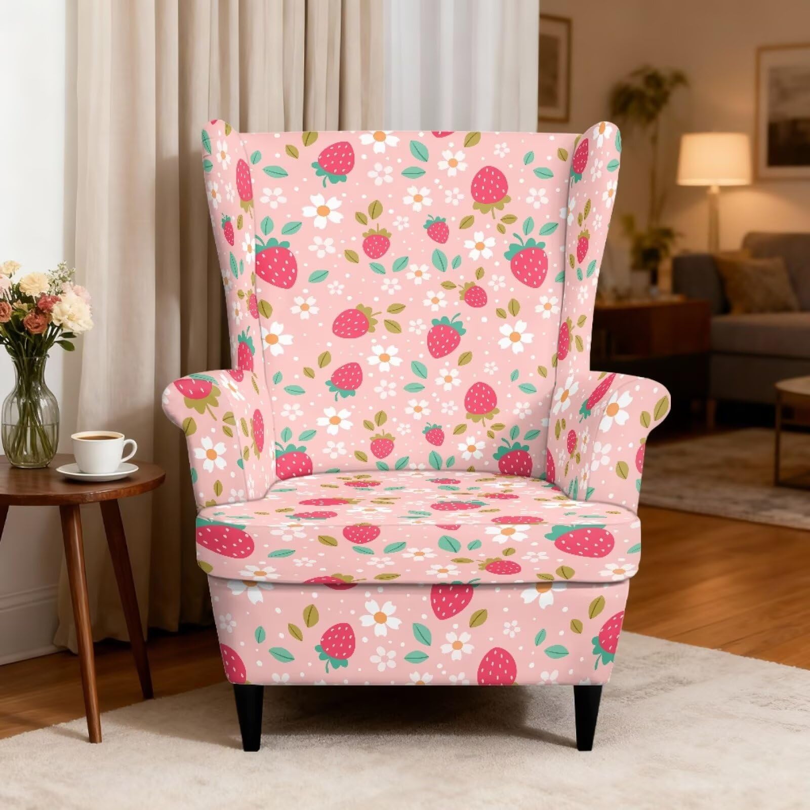 2 fundas elásticas para sillón orejero rosa fresa floral de una plaza