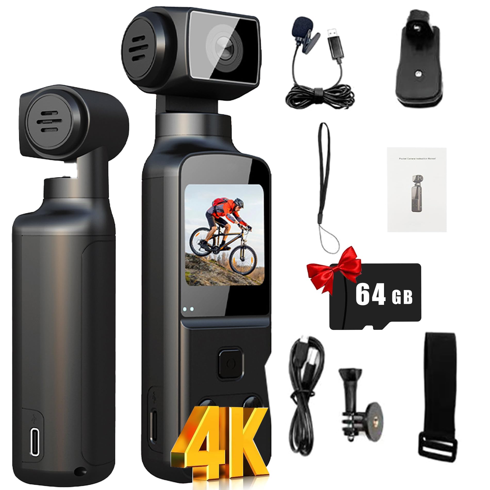 Générique Caméra de Poche 4K,Portable 270° Caméra POV Vlogging avec Objectif Rotatif, avec Microphone Externe, Mise au Point Rapide, écran Rotatif 1.3", Carte TF 64 GB