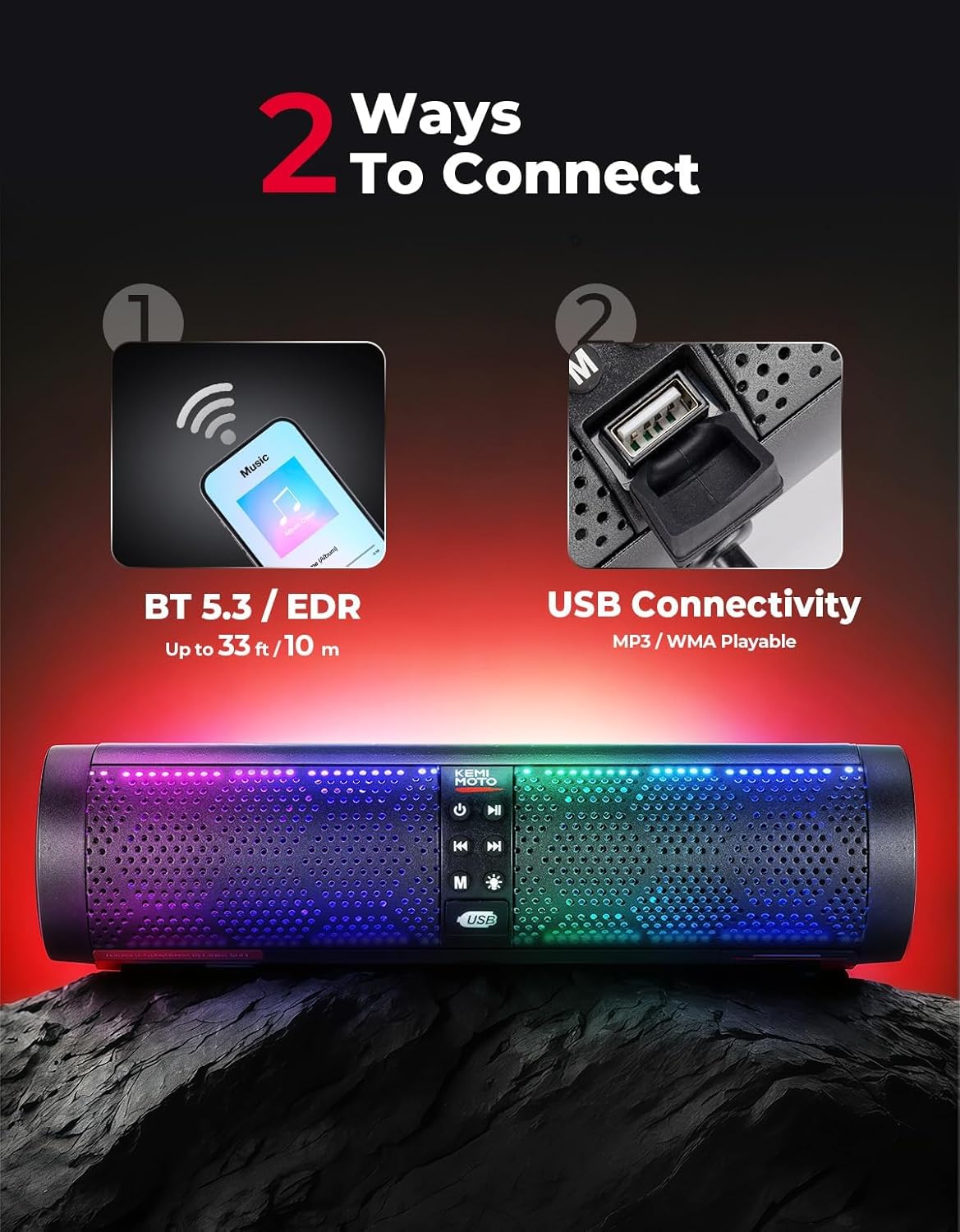 KEMIMOTO Motorcycle 4 Speakers Bluetooth-Compatible Waterproof Sound Bar Radio,USB Sound System,RGB LED Light,7/8-1.2" Handlebar Speaker Aluminum Alloy - Image 5