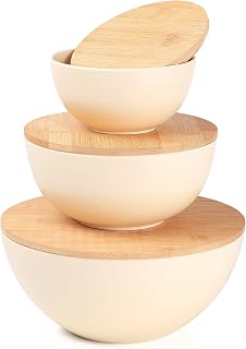 ECO Bamboo Fiber Salad Bowl Set with Bamboo Lid-Set of 3 Salad Bowls (Natural White), Mixing Bowls & Storage Set for Serving Salad, Kitchen Eating,Set for Pasta, Chips, Soup, Fruit, Dips & Bread