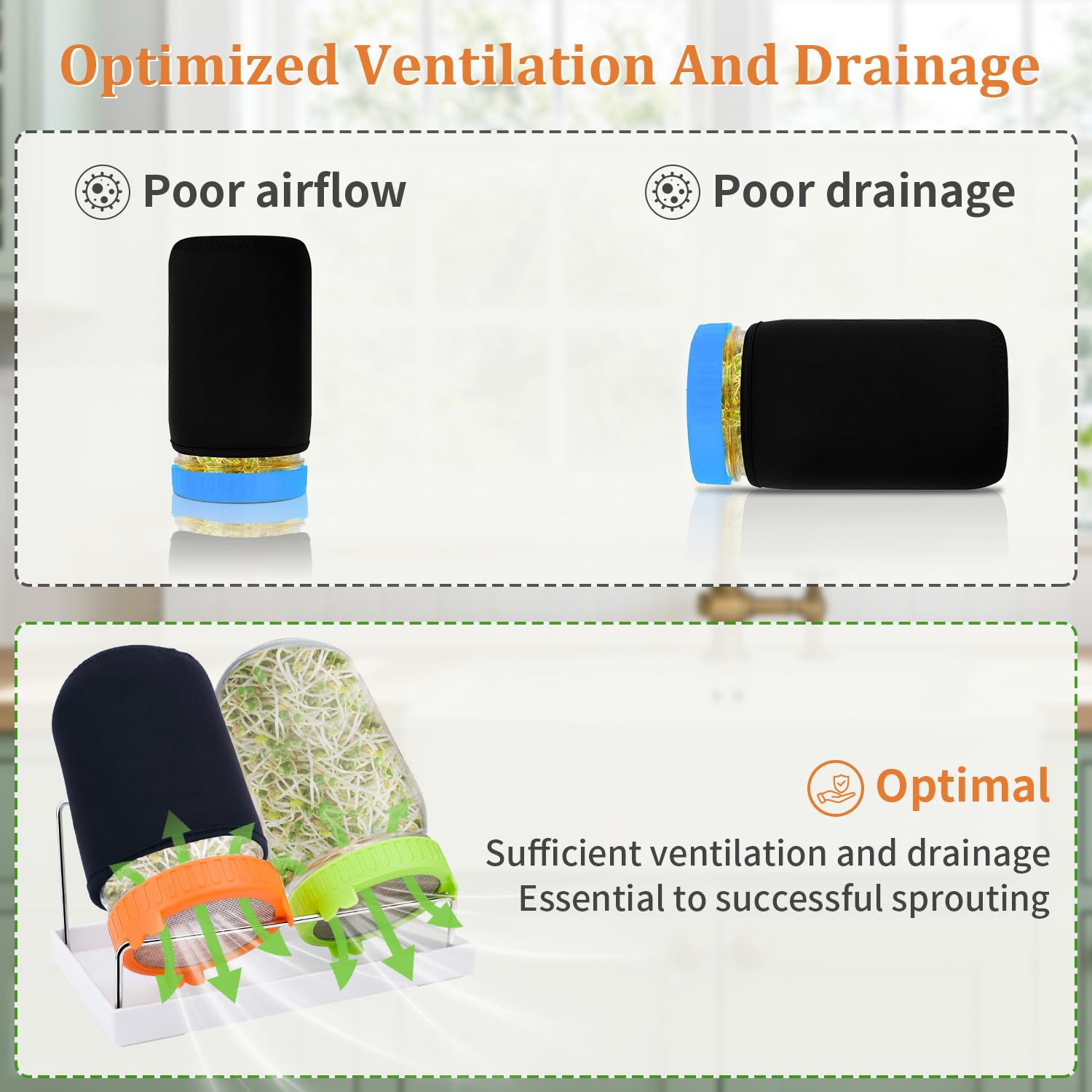 Kit de germination de graines avec graines de radis de 82,2 g, 2 grands bocaux Mason à large ouverture avec couvercles de germination, manchons occultants, plateau de drainage, kit de culture pour