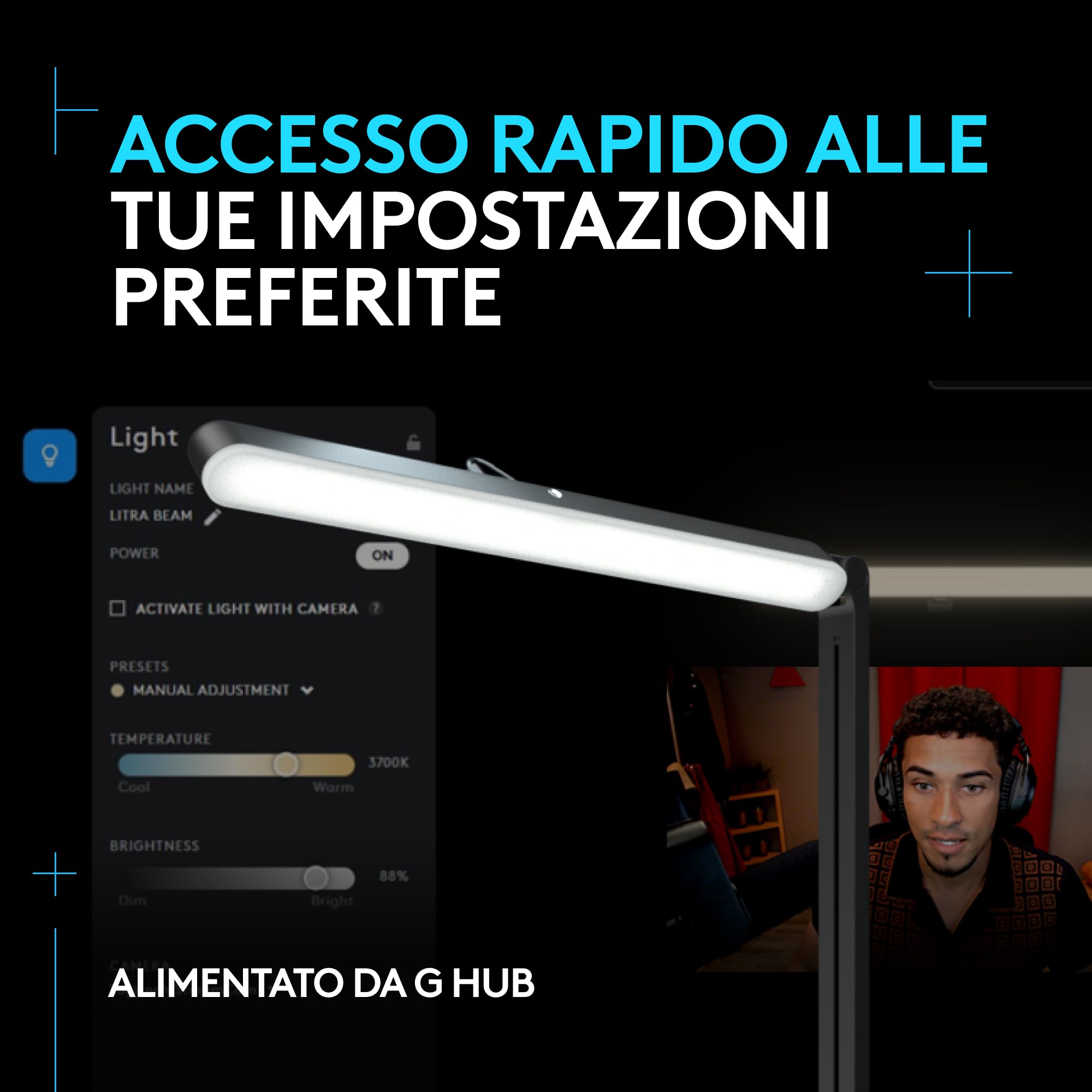 Logitech G Litra Beam Premium LED Gaming Key Light con TrueSoft, supporto da scrivania regolabile, impostazioni temperatura di colore/luminosità, controllo app desktop per PC/Mac - Grafite
