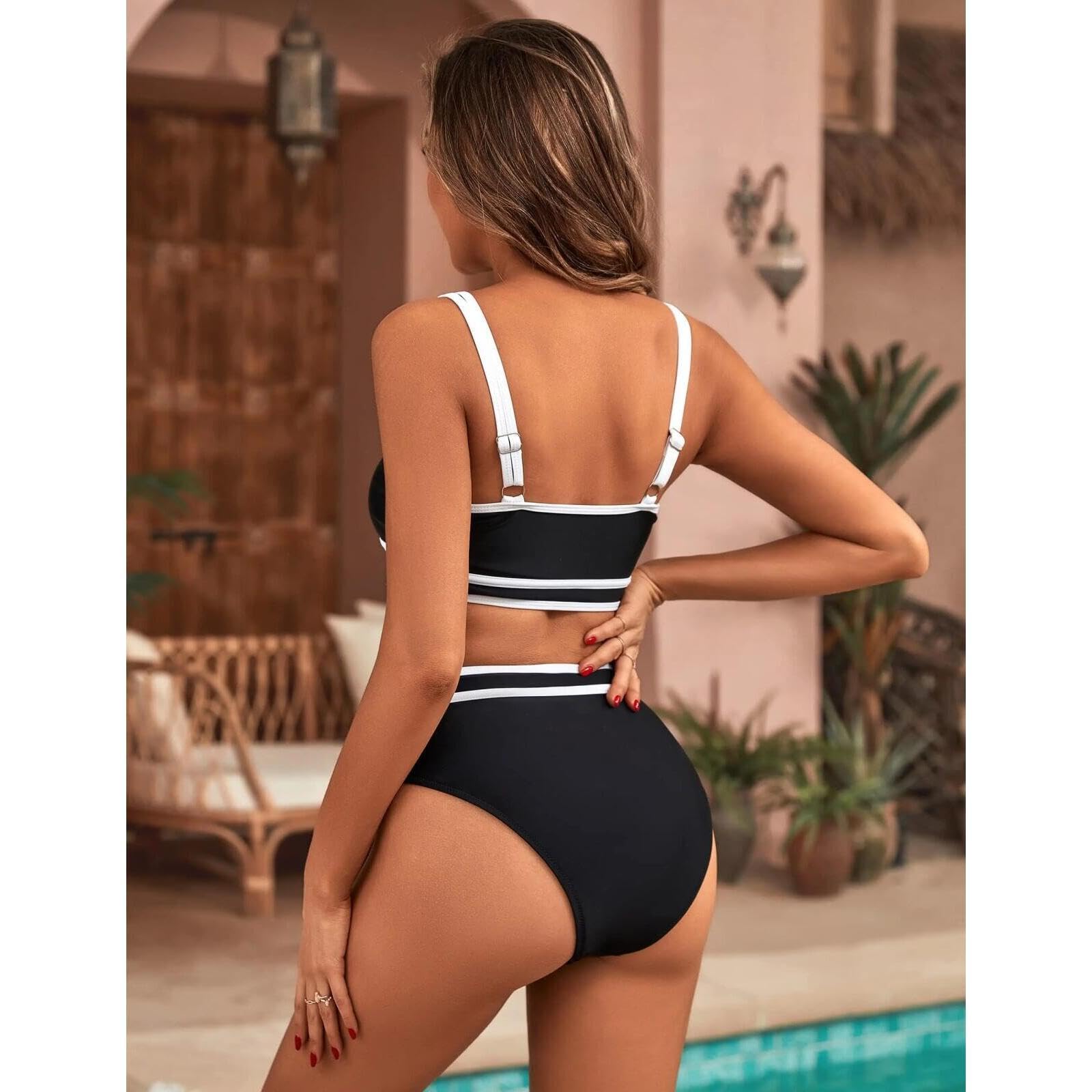 Set Bikini a Vita Alta da Donna Costumi da Bagno Sportivi a Due Pezzi Color Block sfrontati S-XL Purple NAN_L