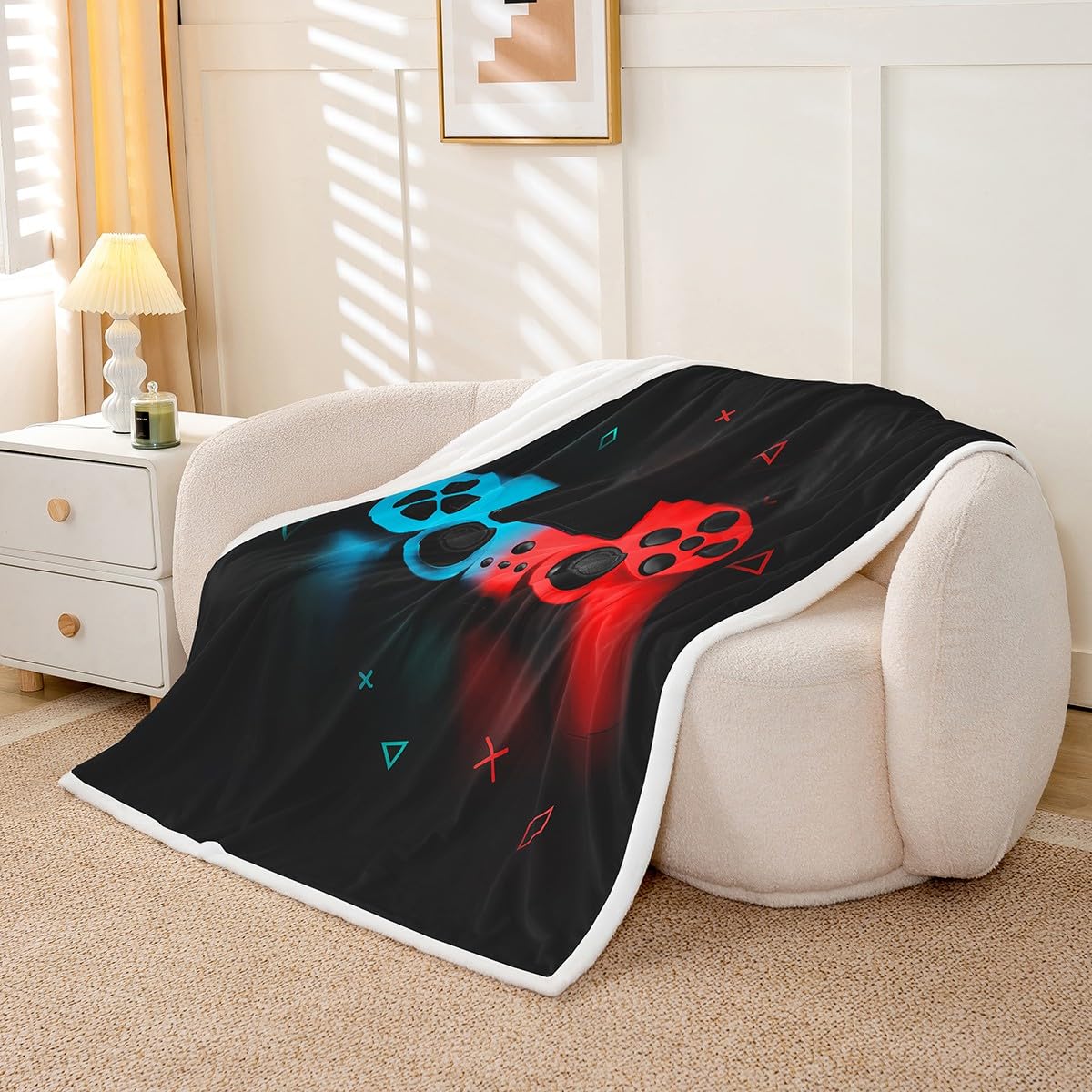 Teen Gaming Throw Blanket Gamer Gift for Boys Kids Girls Young Man Video Games Sherpa Blanket Chic Abstract Gamepad Pattern Black Red Blue Luxury Soft