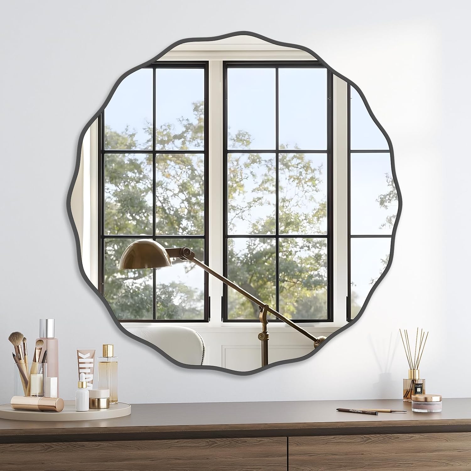 Black Round Wavy Mirror for Wall Decorative 36 inch Large Wood Round Mirror Circle Wall Mirror for Bathroom Bedroom Living Room Home Entryway Decor