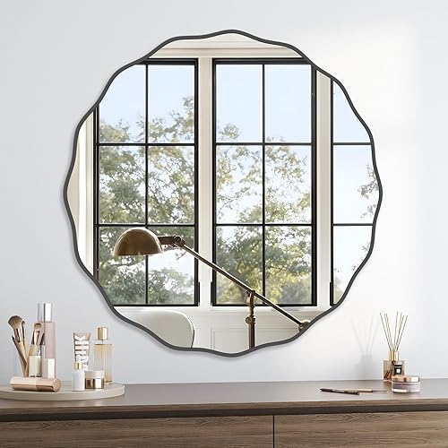 Miniatura 89 de Espejo redondo decorativo para pared de 28 pulgadas, moderno espejo ondulado dorado con marco de madera, espejo de pared circular para baño