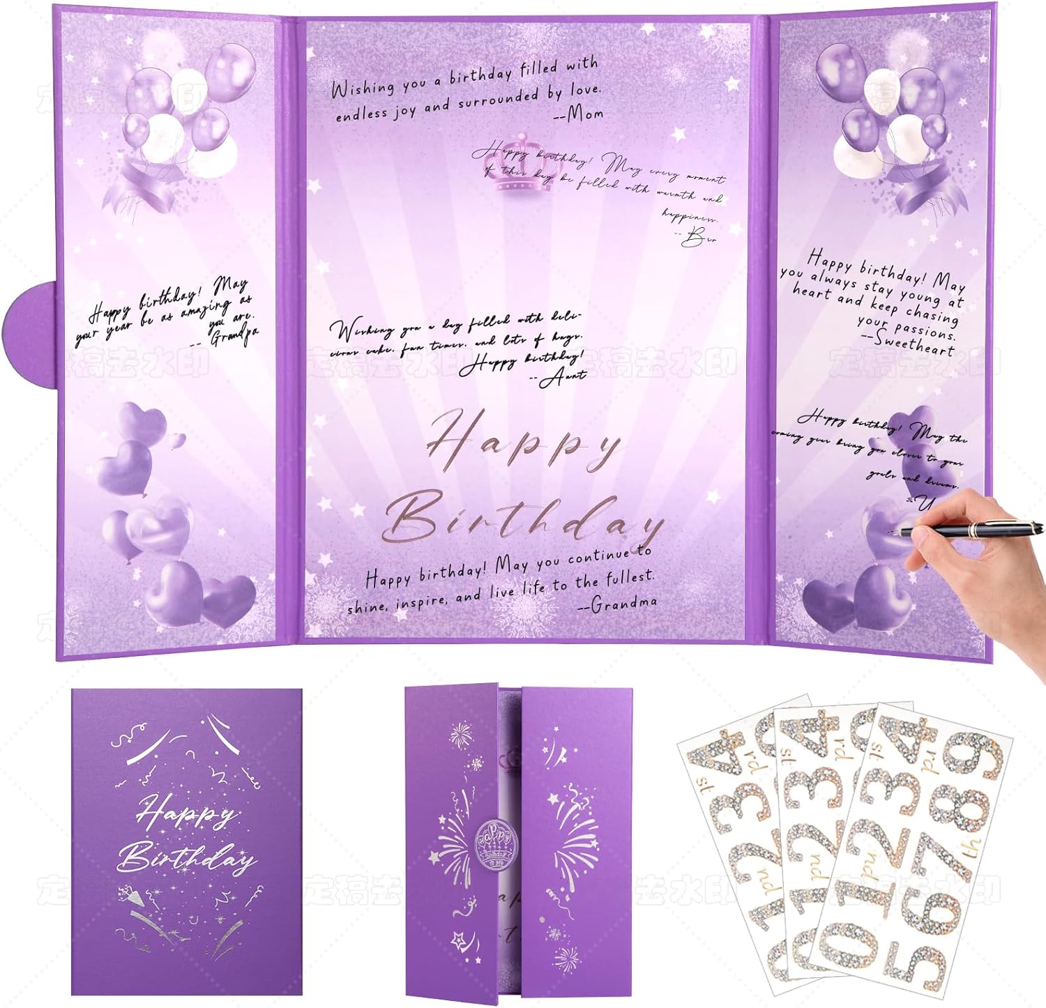 TIACABO Puple Gold Birthday Party Decorations,18" x 12" Creative Birthday Decorations Guest Sign in Book Alternative, for Men and Women of All Ages, Happy Birthday Party Supplies