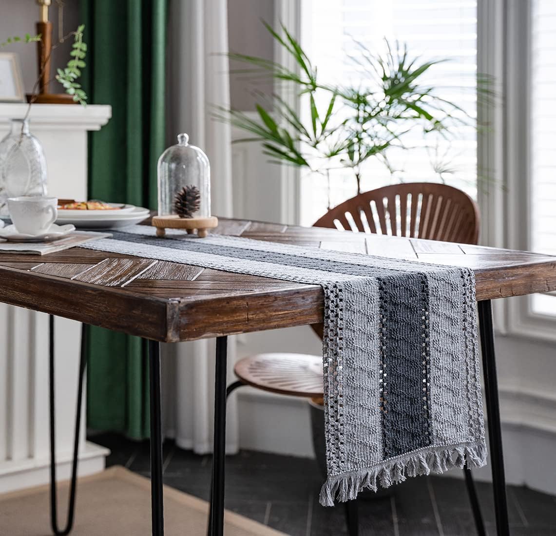 vctops Boho Moroccan Table Runner Farmhouse Rustic Handmade Woven Tassels Cotton Linen Bohemian Vintage Table Decor for Holiday Party(Gray,12"×138")