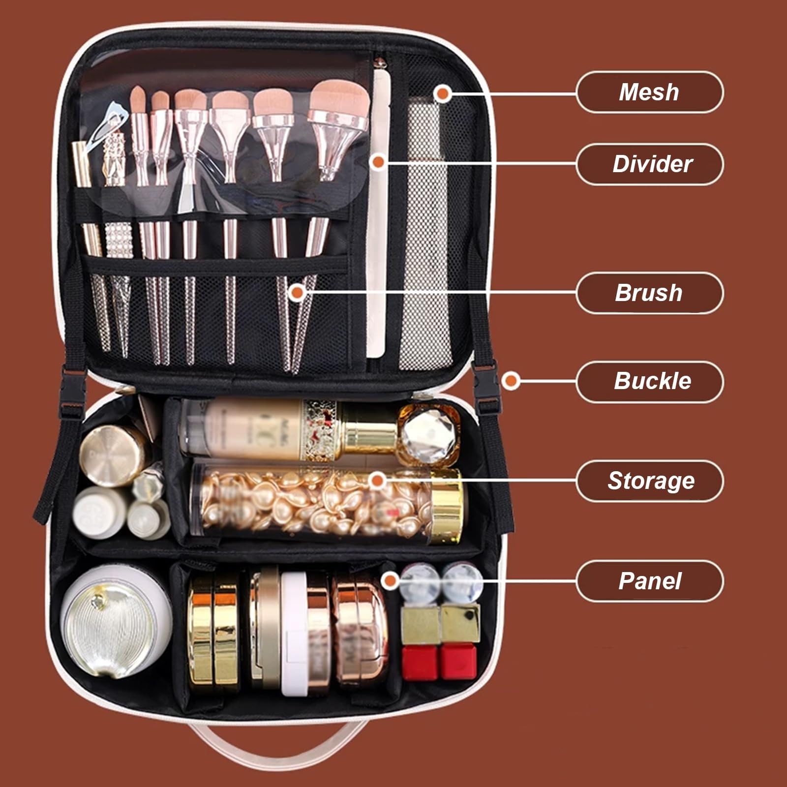 Beauty Case da Viaggio, Beauty Case da Appendere per Donna, Ideale per San Valentino, in PVC Trasparente Impermeabile, con Divisorio Interno Rimovibile e Chiusura con Fibbia(Brown)