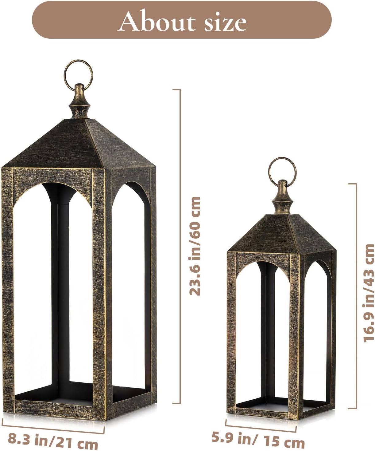 Large Outdoor Lanterns for Porch: 23" & 17" Set of 2 Floor Lantern Decorative Indoor Candle Holder for Front Porch Patio Fireplace Vintage Home Decor