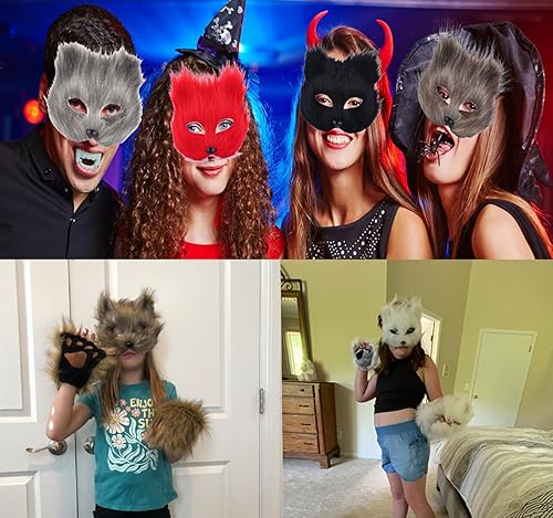 Miniatura 6 de Therian Máscara y cola para niña, gato peludo, zorro, lobo máscara Therian para mujer, disfraz de Halloween