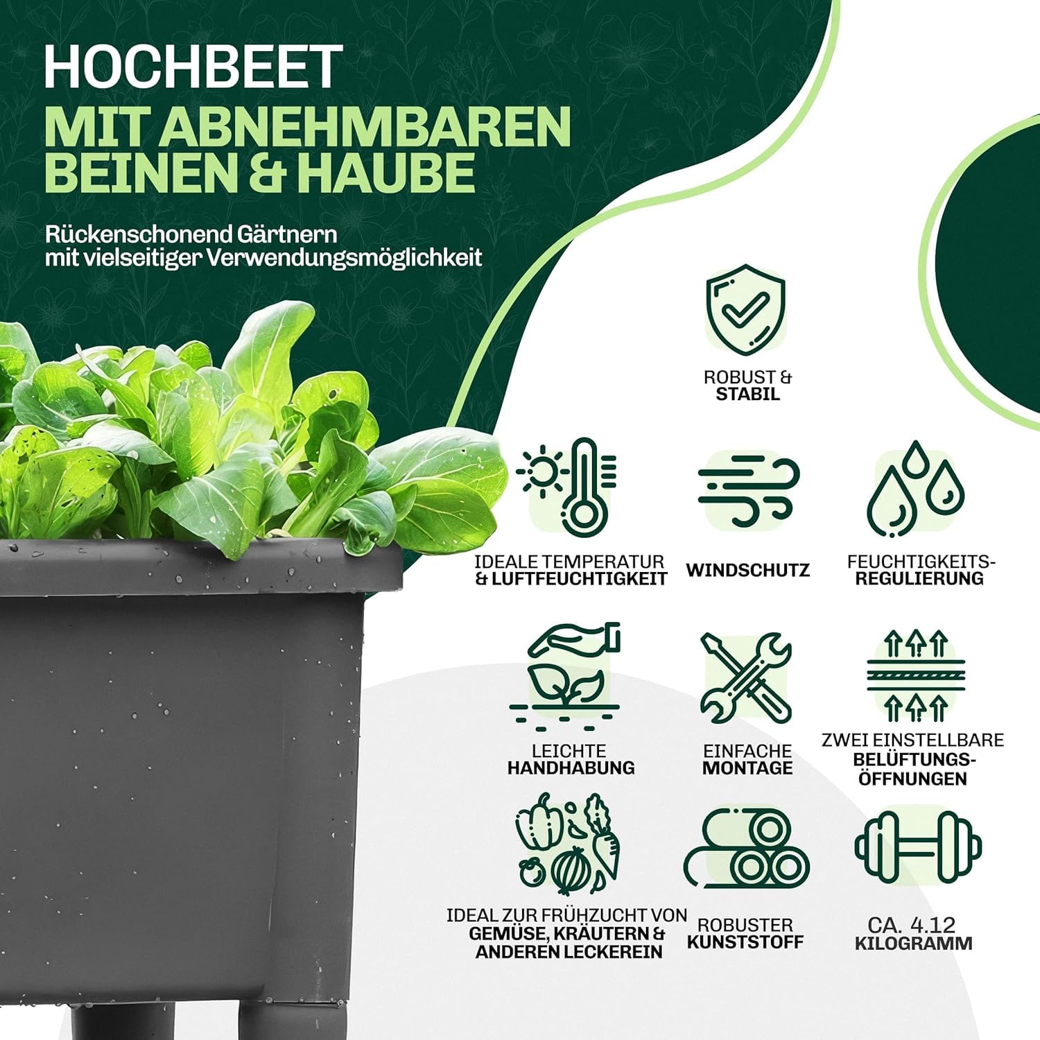 Hochbeet Kunststoff 76x37x84,5 cm | Robuster PP-Kunststoff mit abnehmbaren Beinen und Haube | Frühbeet für Garten und Balkon | Gemüsebeet im modernem Design