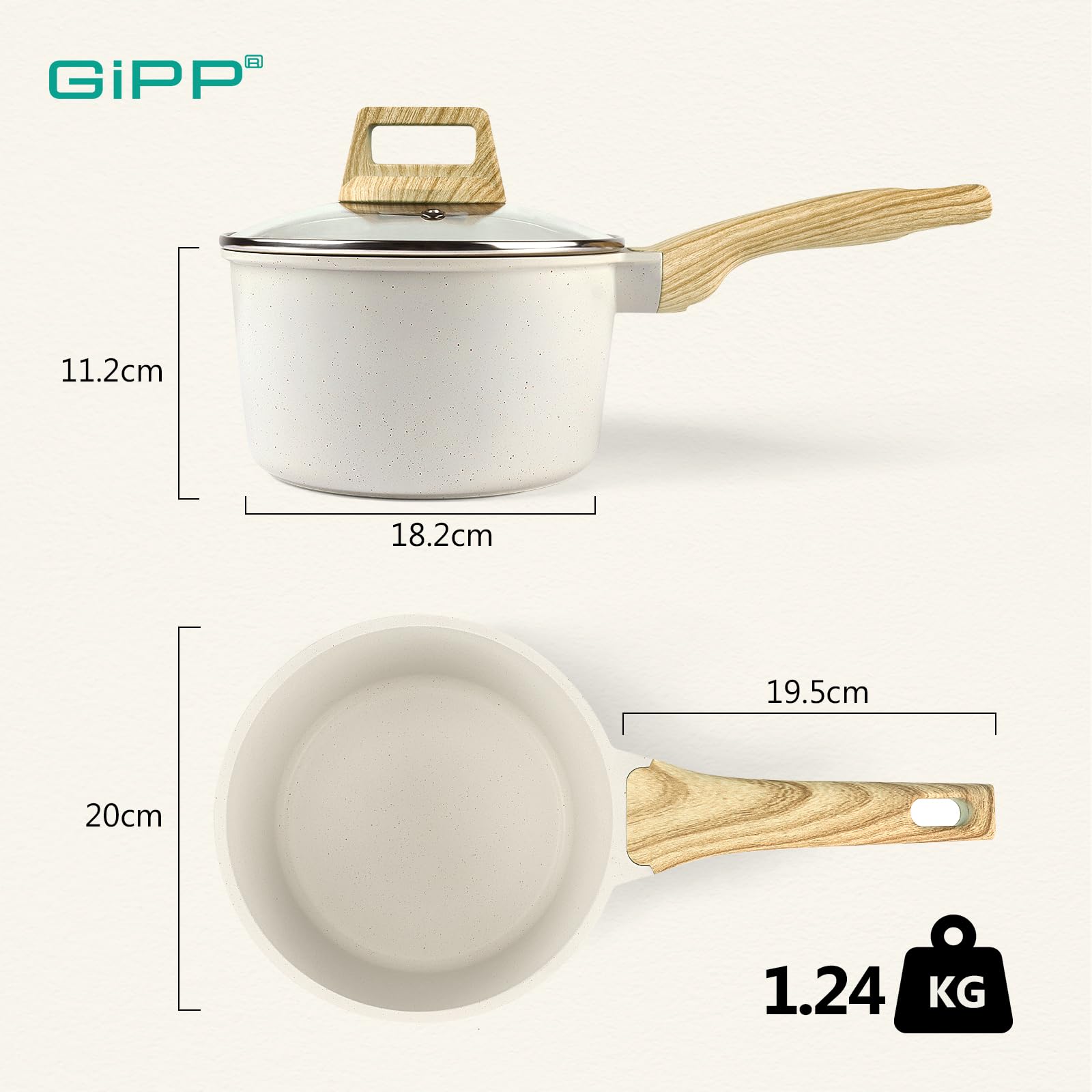 GiPP Casseruola da 20 cm, piccola casseruola a induzione, con coperchio, rivestimento antiaderente in granito, manico in legno, pentola da 3.6L, per induzione, senza PFOA (bianco, 20cm)