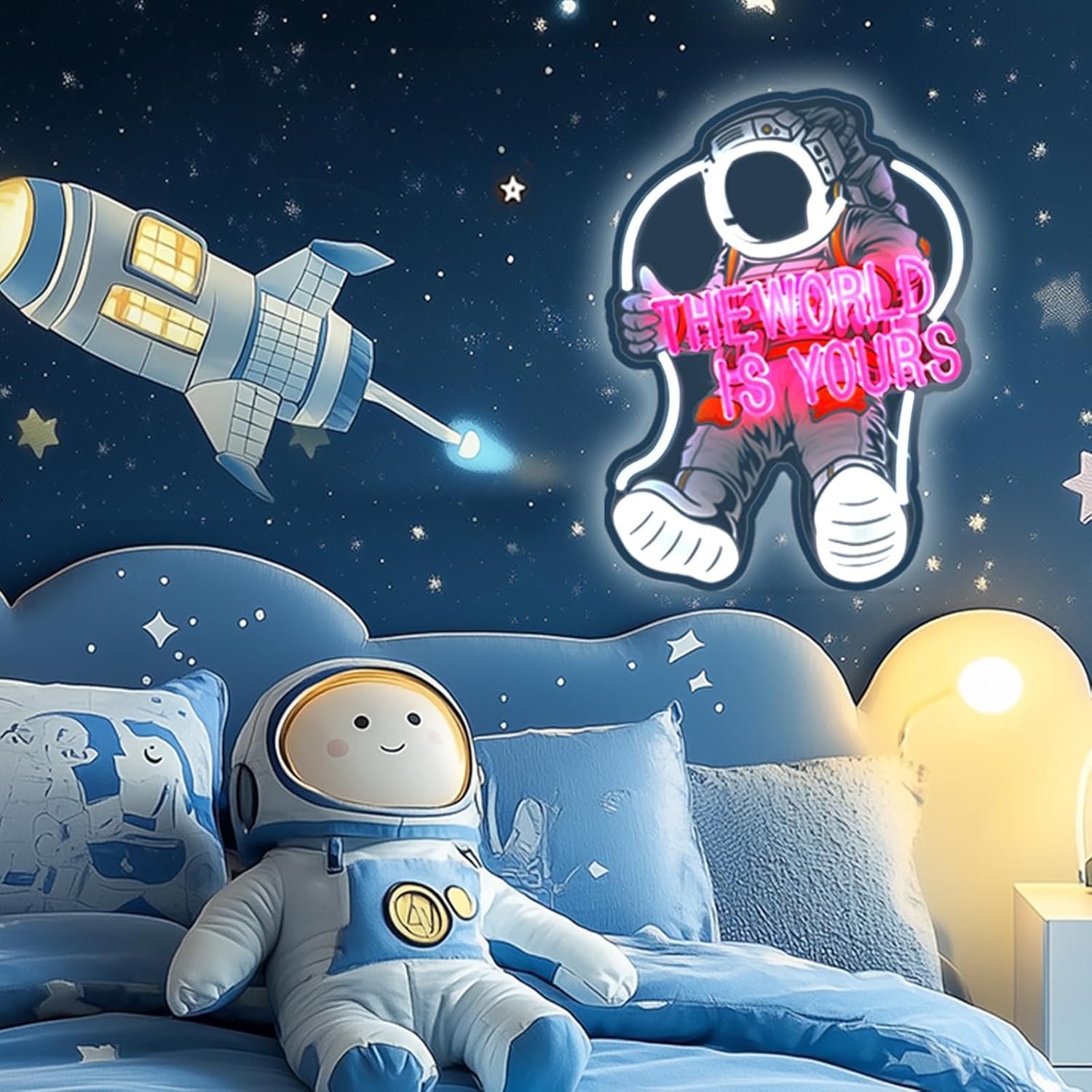 The World Is Yours Neon Signs, 17 Inch Astronaut Neon Light USB Powered for Bedroom Game Room Kids Dimmable LED Word Light Plug and Play - Image 5